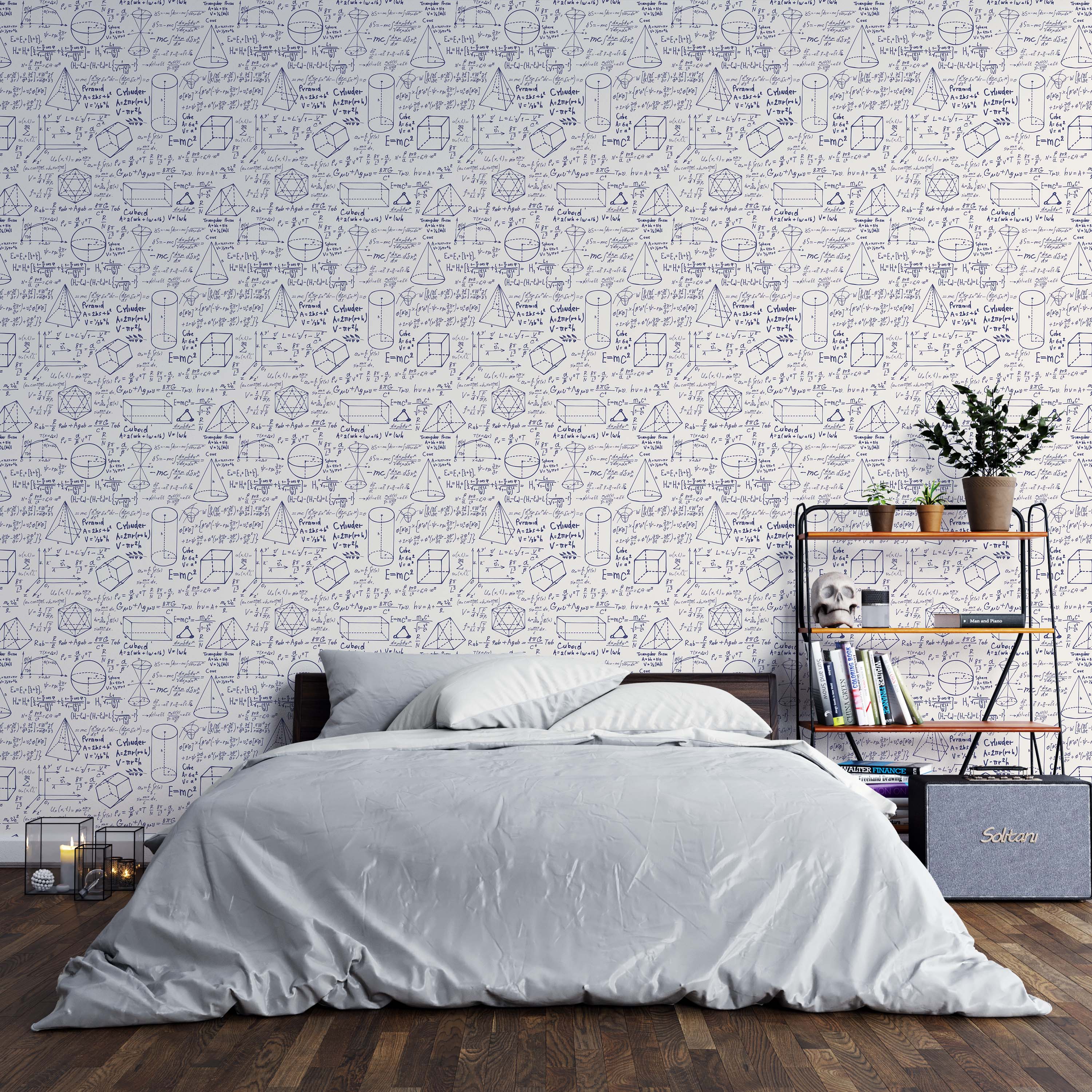 Wallpaper with a repeating pattern of blue, hand-sketched mathematical formulas and geometric shapes on a light background.