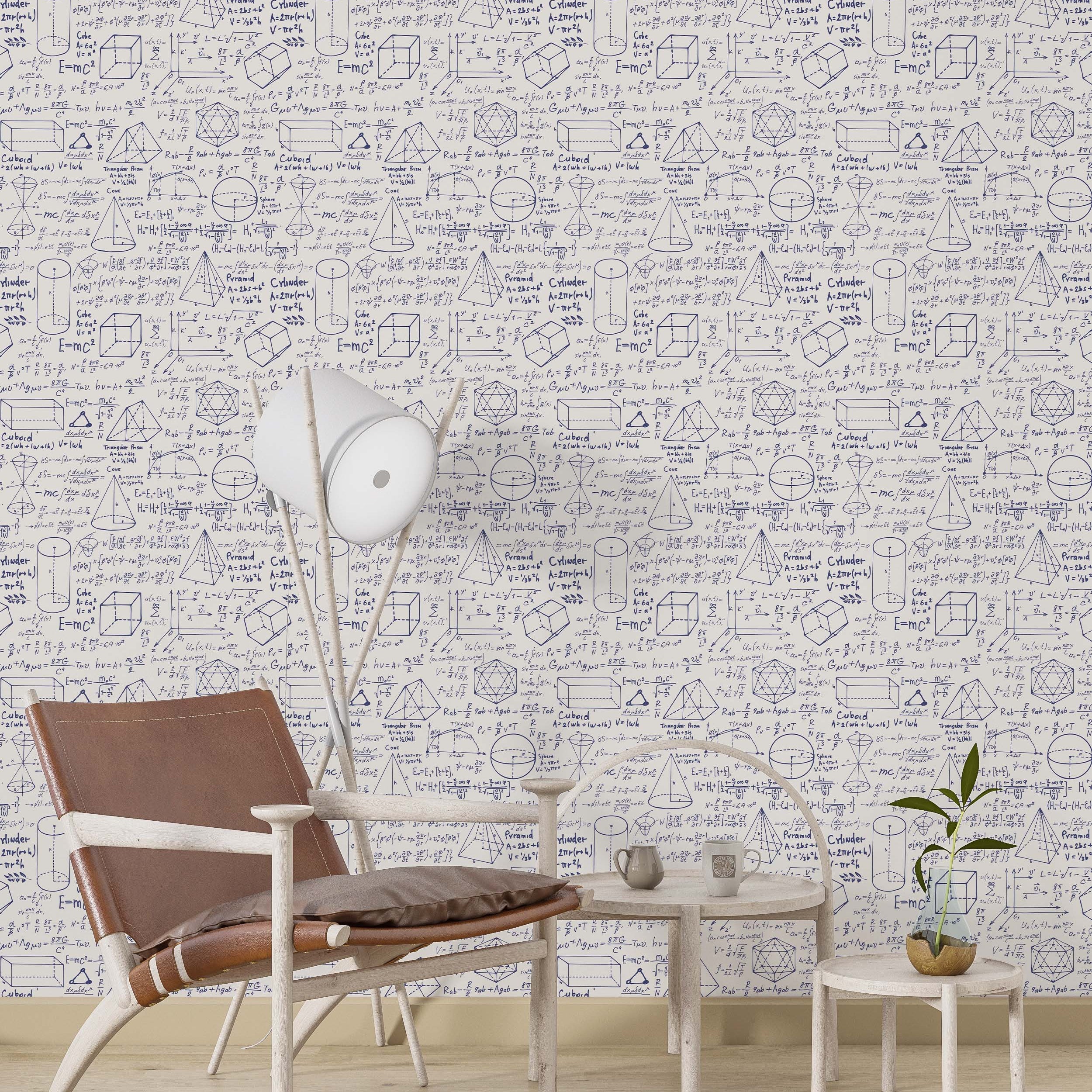 Wallpaper with a repeating pattern of blue handwritten mathematical formulas and geometric diagrams on a light gray background.