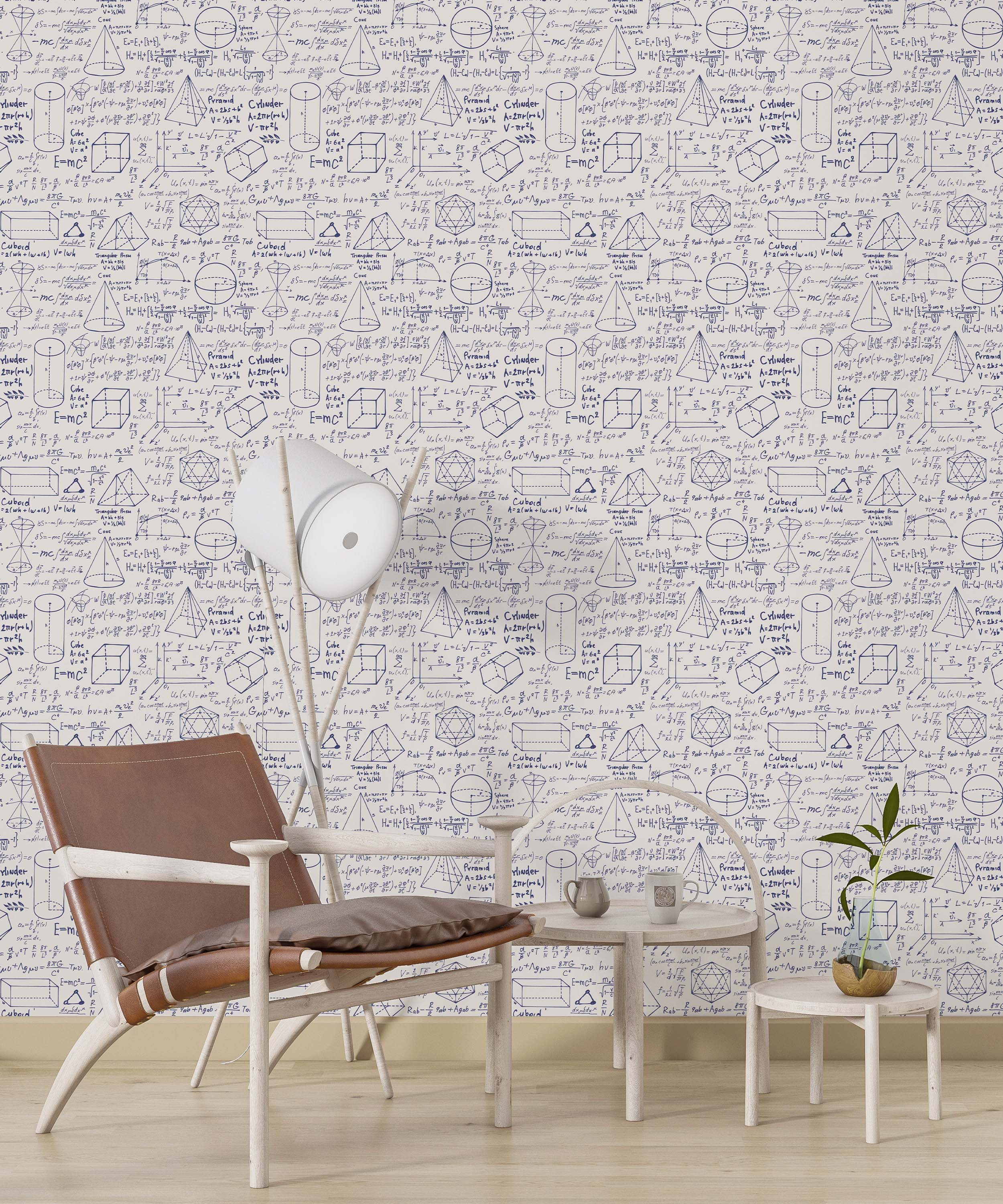 Wallpaper with a repeating pattern of blue handwritten mathematical formulas and geometric diagrams on a light gray background.
