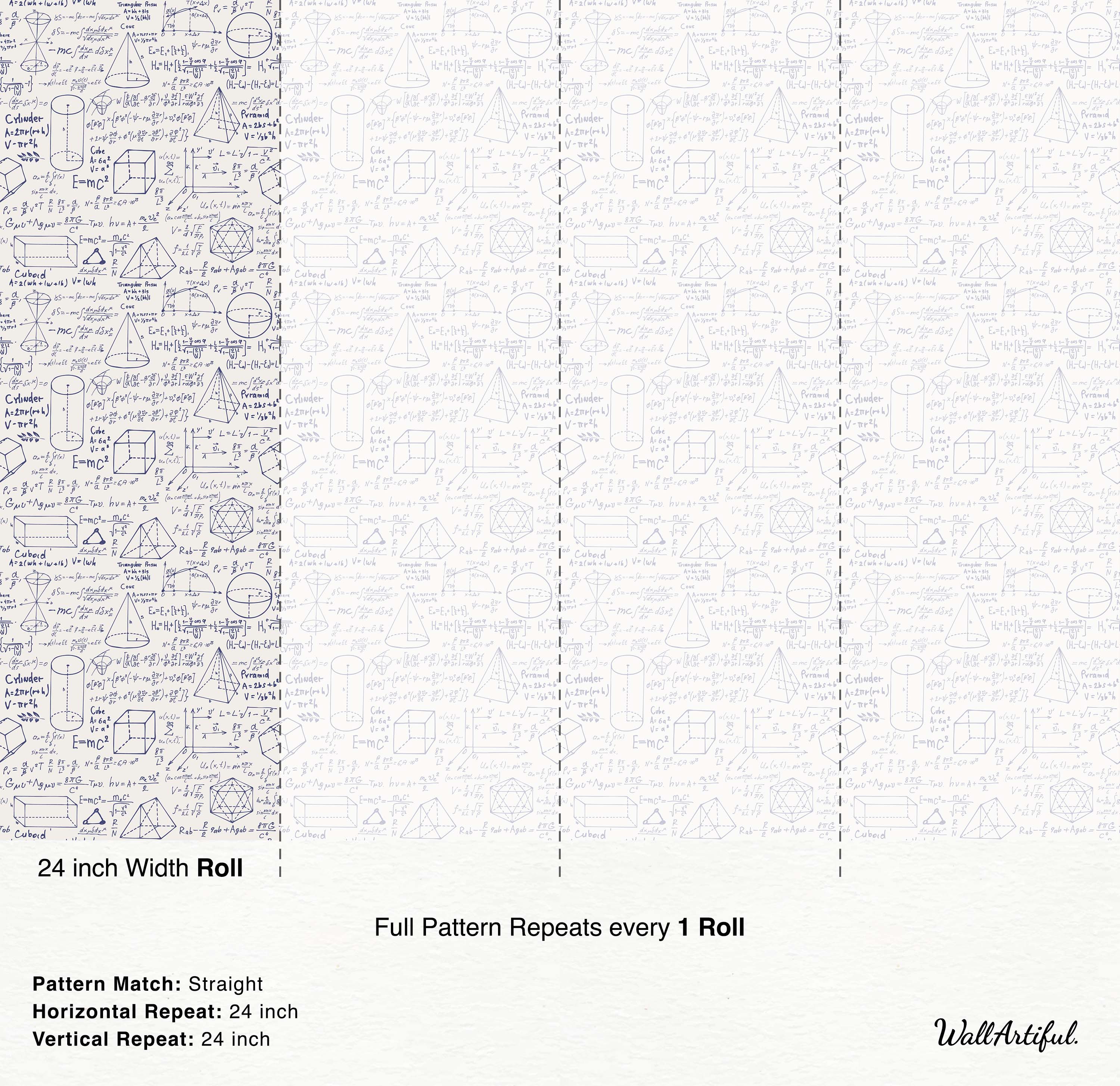 Wallpaper with a repeating pattern of math formulas and geometric shapes in dark gray on an off-white background.