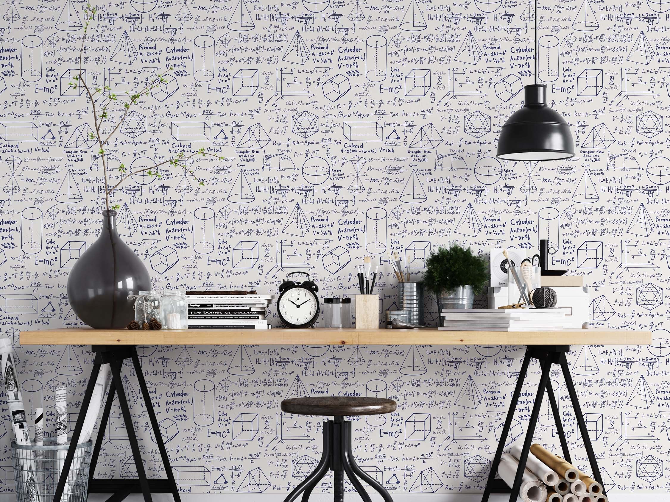 Repeating wallpaper pattern of dark blue mathematical equations and geometric solids sketched on a light off-white backdrop.