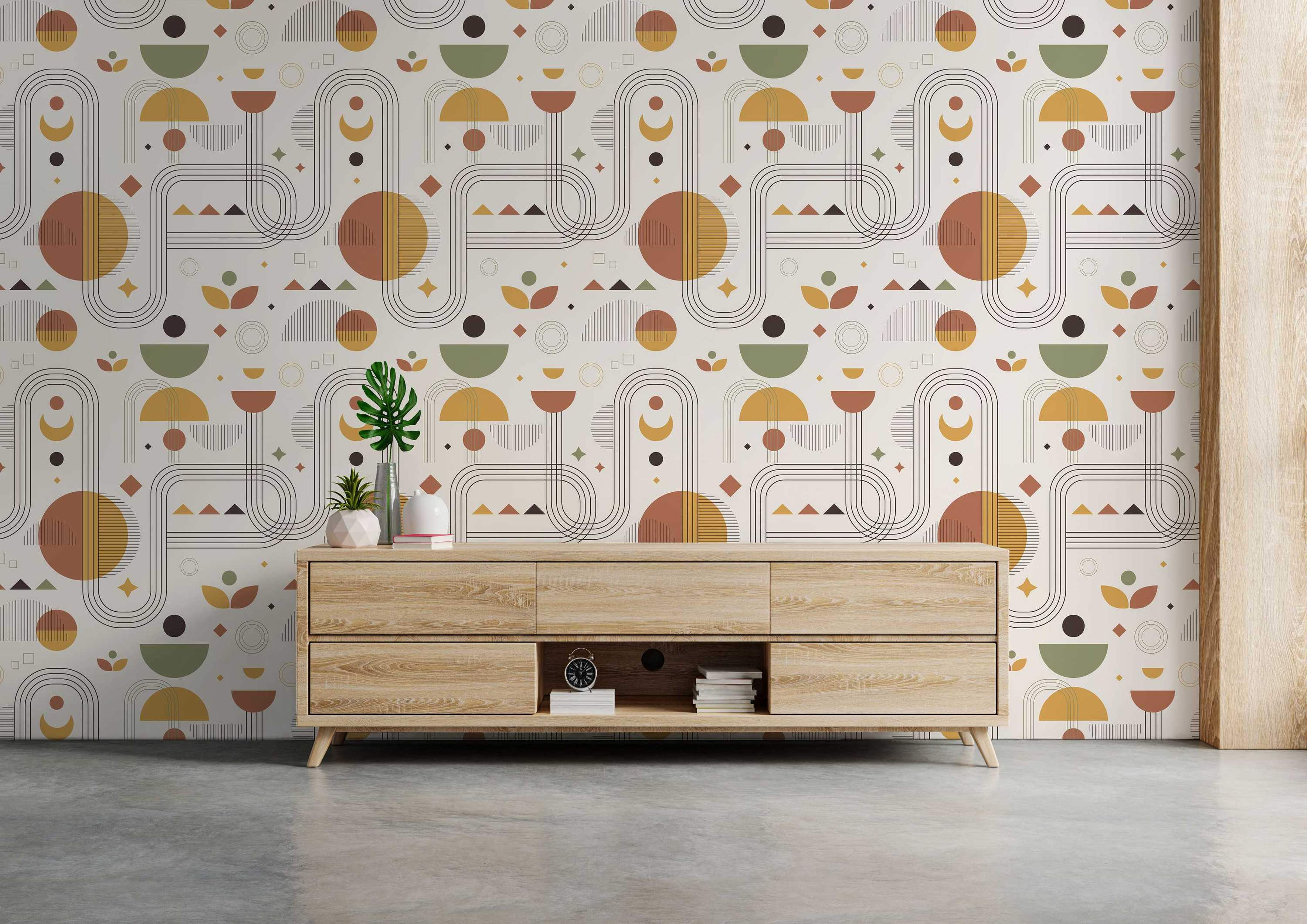 Mid-century modern geometric wallpaper with arches, circles, and lines in earthy tones of terracotta, mustard, and green.