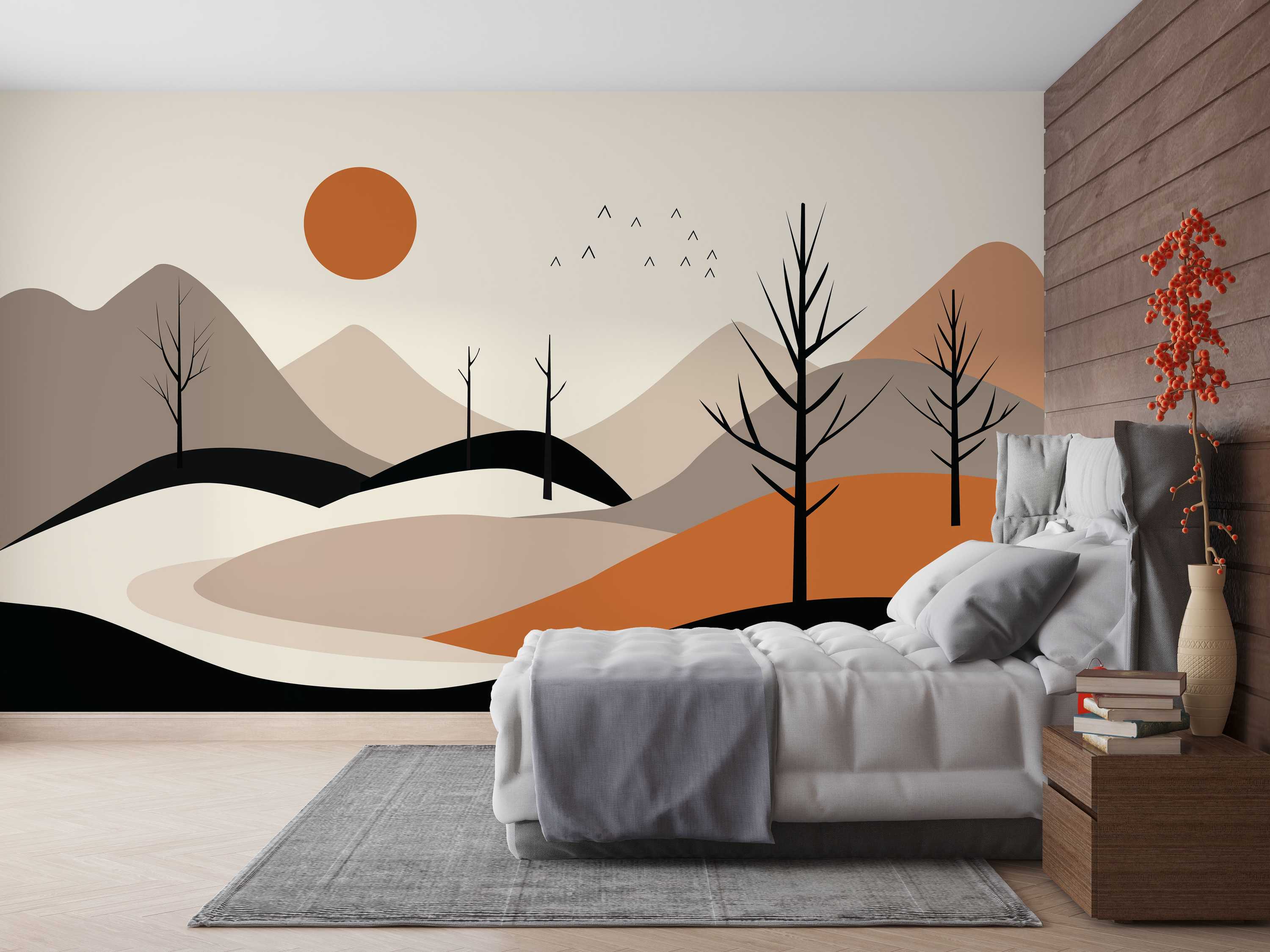 Minimalist landscape mural featuring rolling hills in beige, grey, black, and orange, with bare trees, an orange sun, and birds.