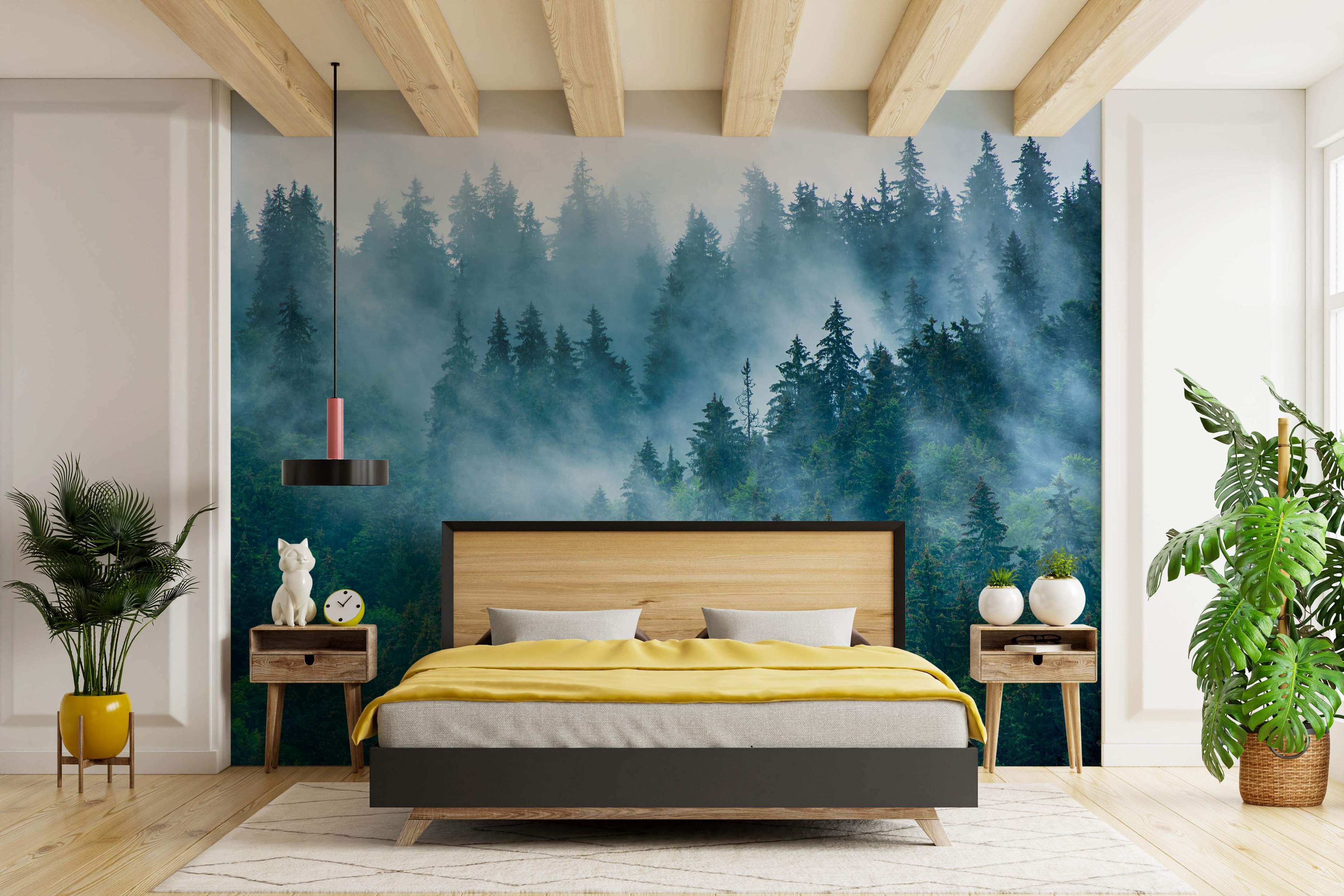 Mural depicting a misty evergreen forest scene with tall green pine trees rising through layers of cool blue fog.