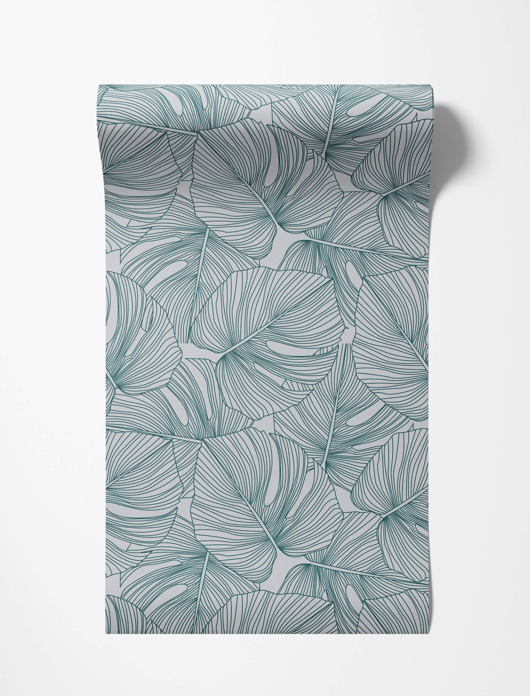 Wallpaper featuring overlapping, stylized monstera leaves drawn with dark teal line art on a light grey background.
