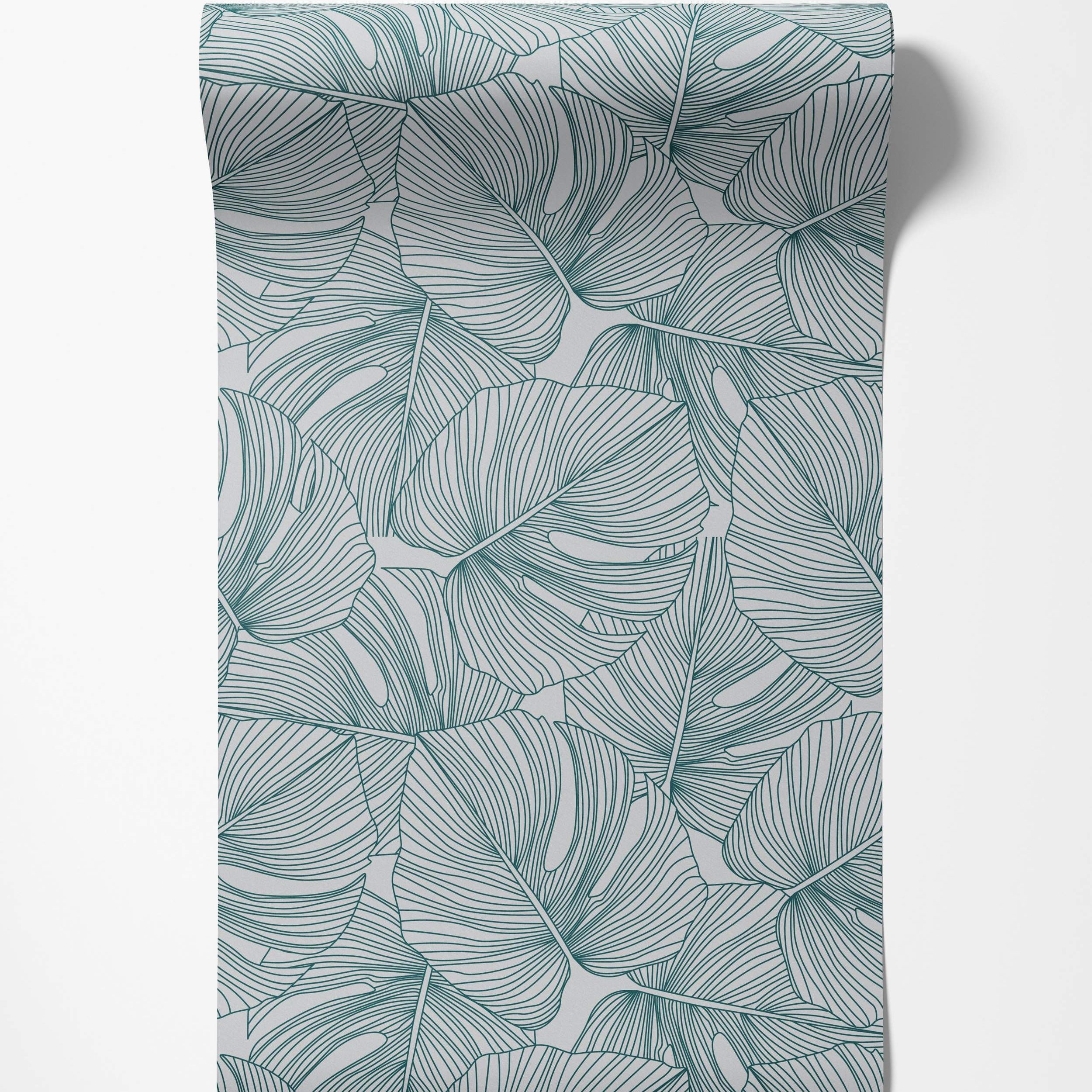Wallpaper featuring overlapping, stylized monstera leaves drawn with dark teal line art on a light grey background.