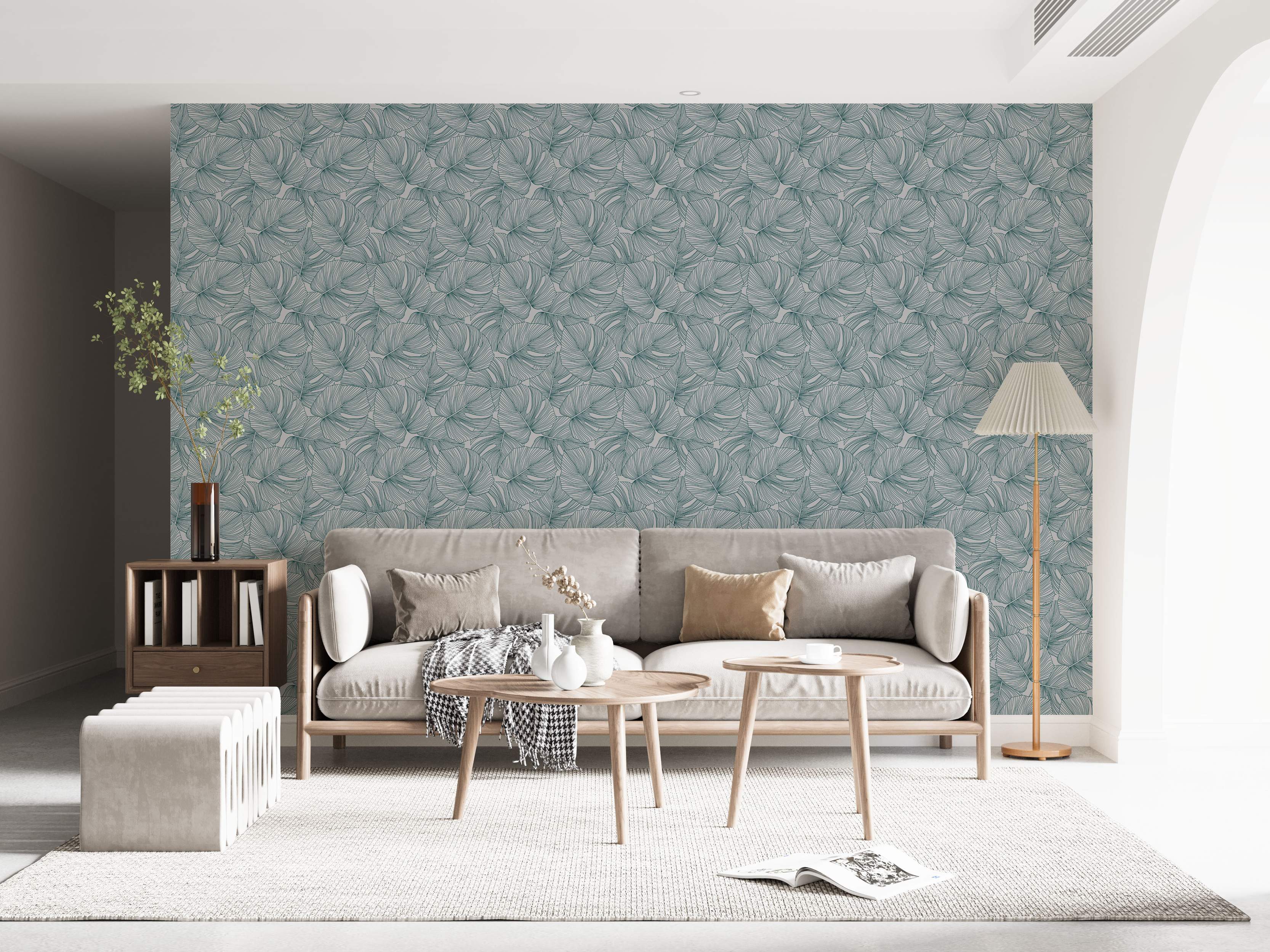 Wallpaper featuring a repeating pattern of stylized Monstera leaves drawn with teal line art on a light grey background.