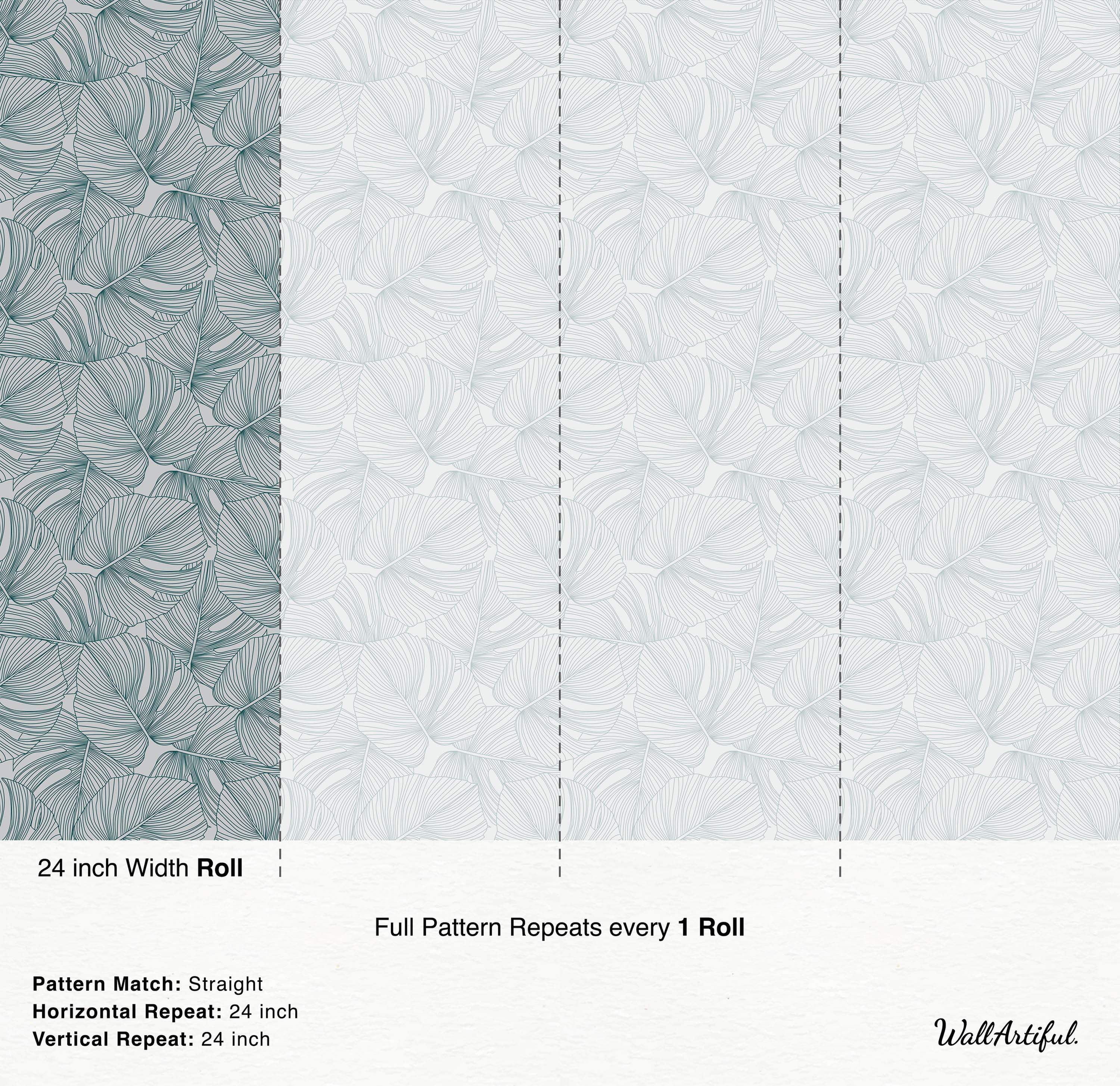Line art wallpaper showing overlapping monstera leaves in dark teal outline on a light gray background.