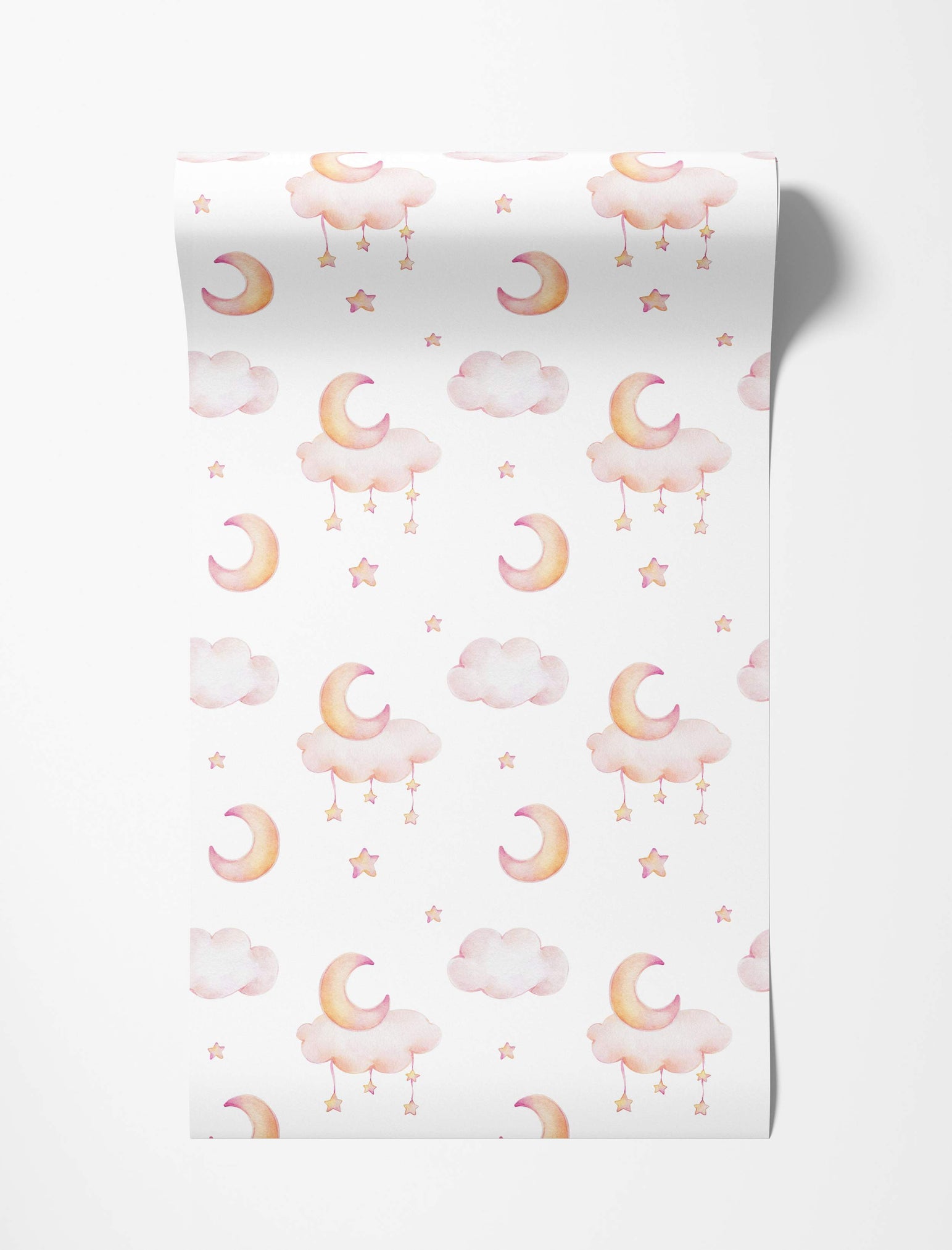 Watercolor wallpaper with a pattern of pink clouds, yellow and pink crescent moons, and stars dangling from clouds on white.