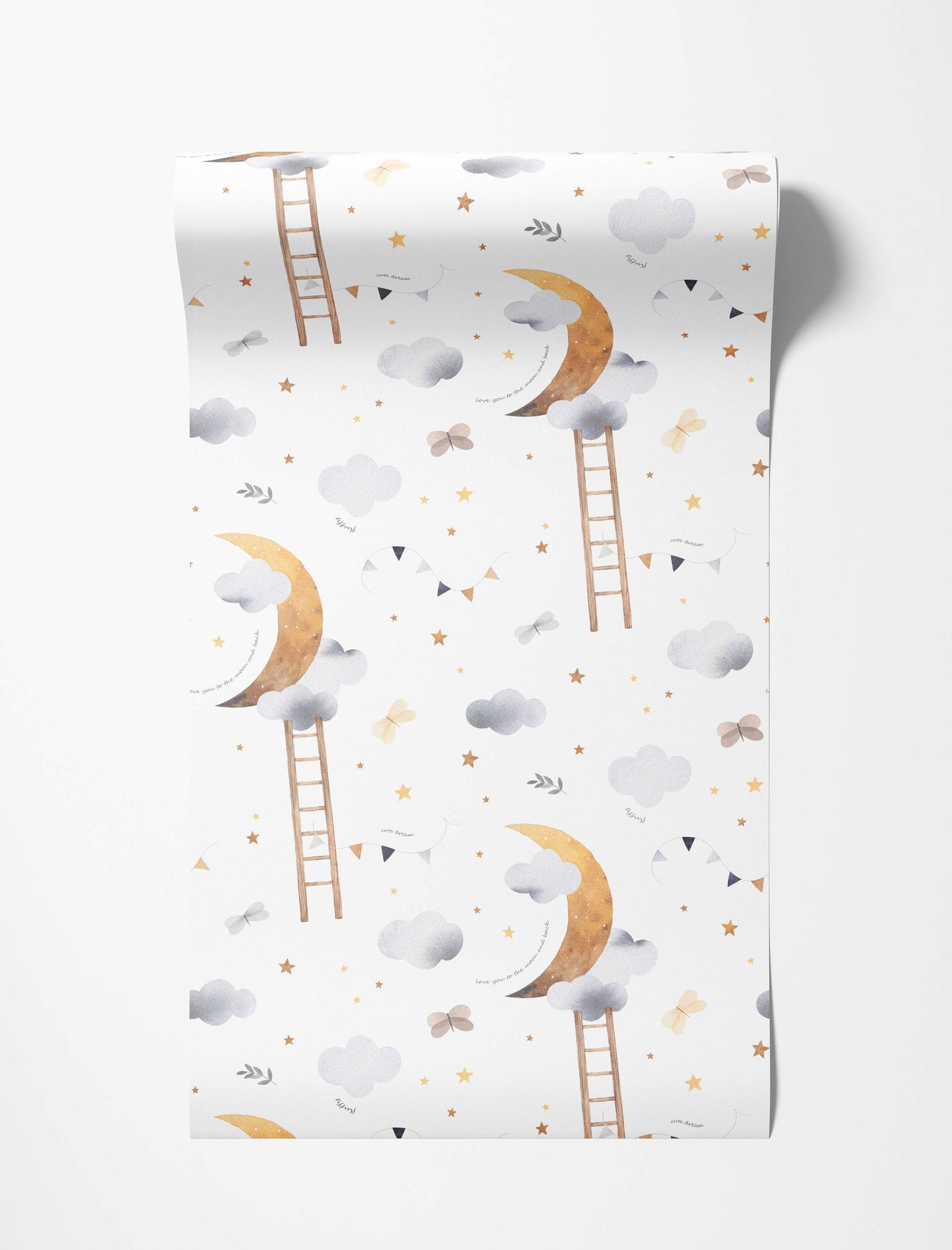 Watercolor wallpaper featuring yellow moons, ladders, gray clouds, gold stars, and butterflies on a white background.