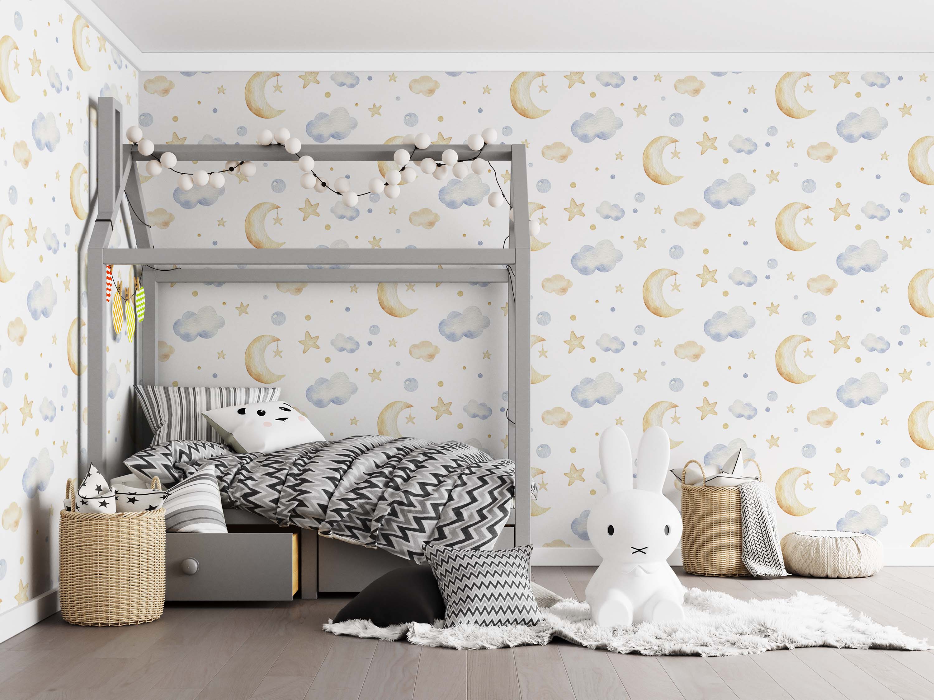 Wallpaper with a celestial theme featuring yellow crescent moons, stars, and watercolor clouds in blue and tan on a white background.