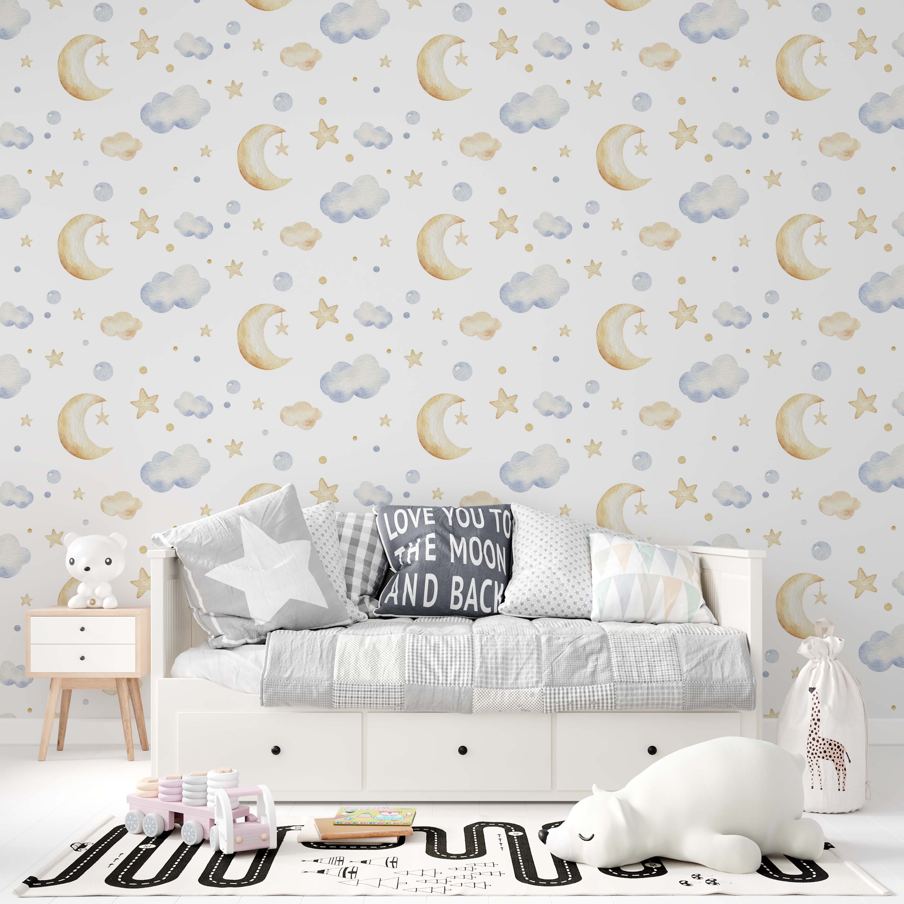 Watercolor wallpaper with yellow crescent moons, stars, and pale blue clouds on a white background.