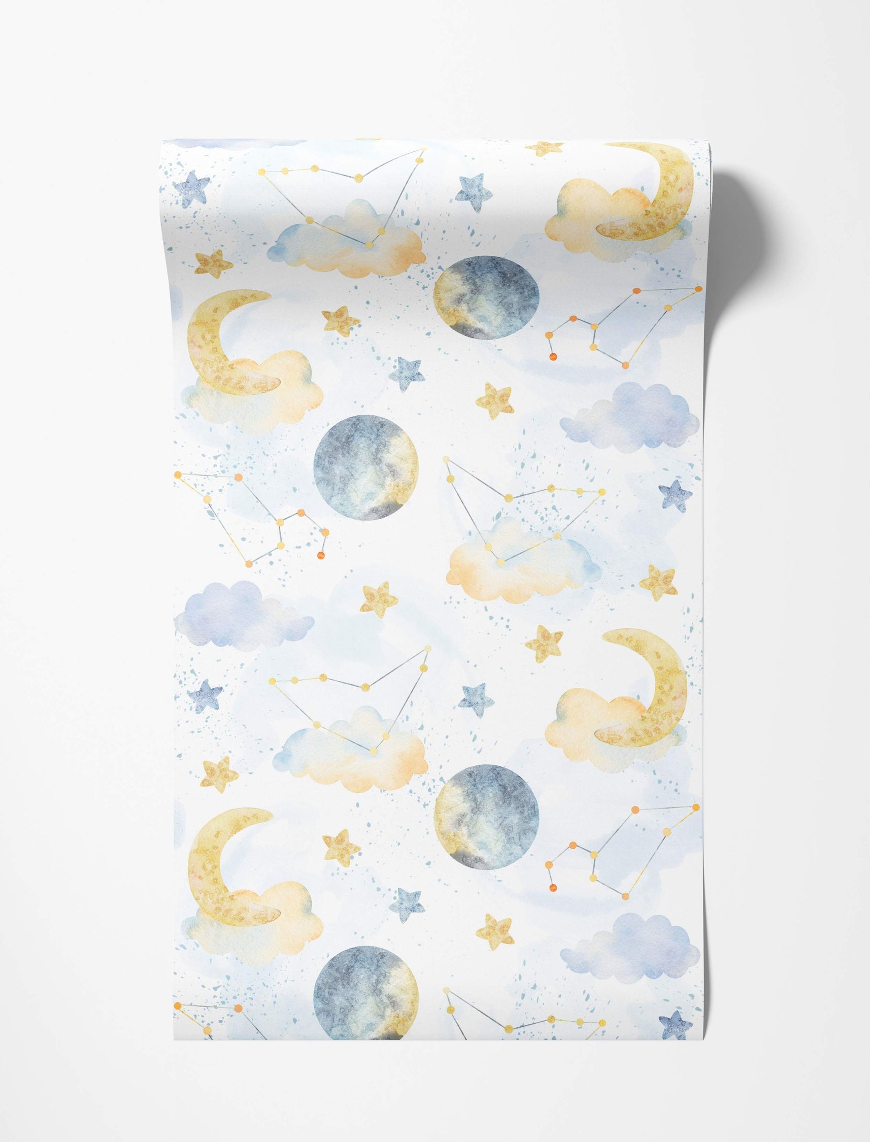 Watercolor wallpaper featuring yellow crescent moons, blue full moons, stars, constellations, and clouds on a white background.