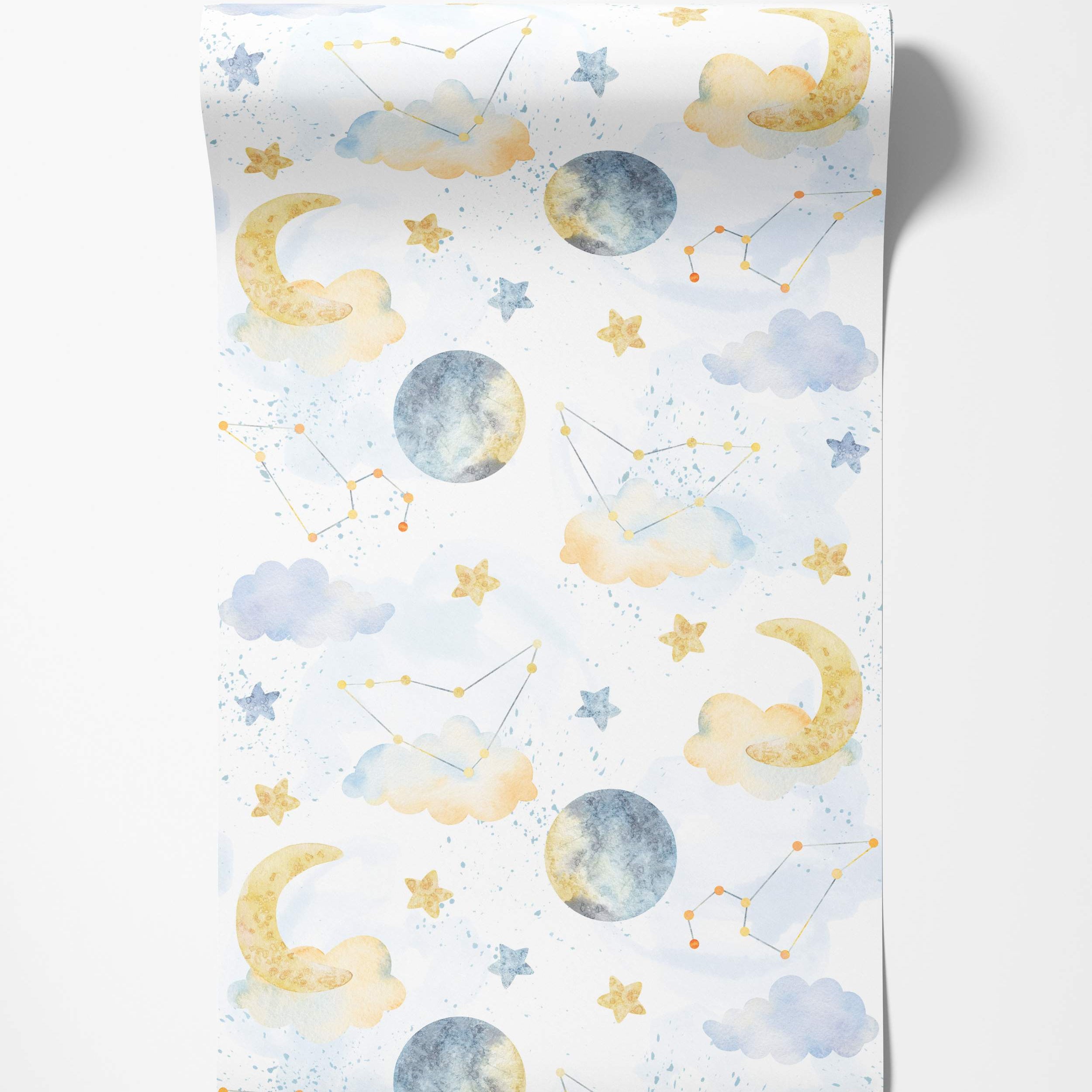 Watercolor wallpaper featuring yellow crescent moons, blue full moons, stars, constellations, and clouds on a white background.