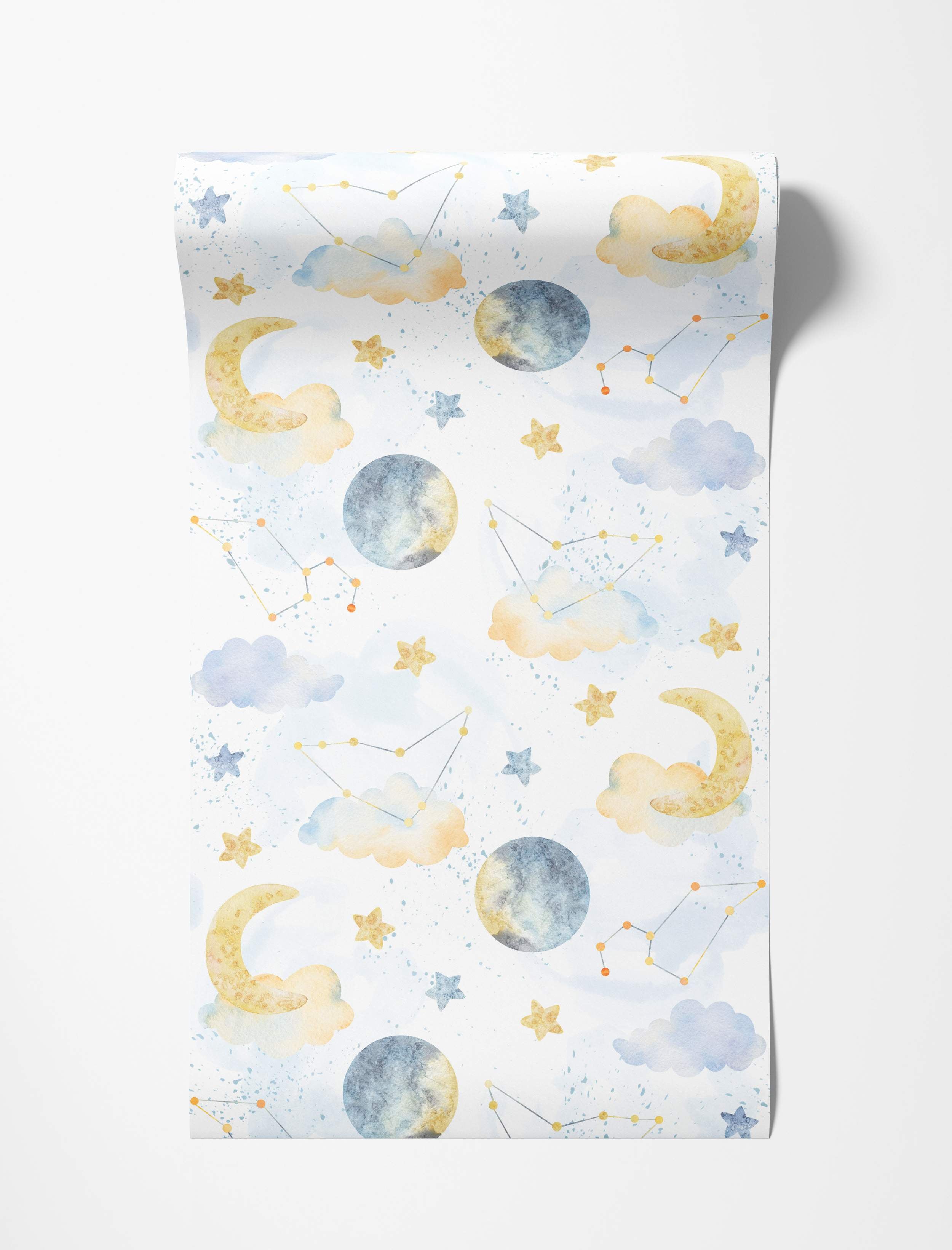 Watercolor wallpaper featuring yellow crescent moons, blue full moons, stars, constellations, and clouds on a white background.