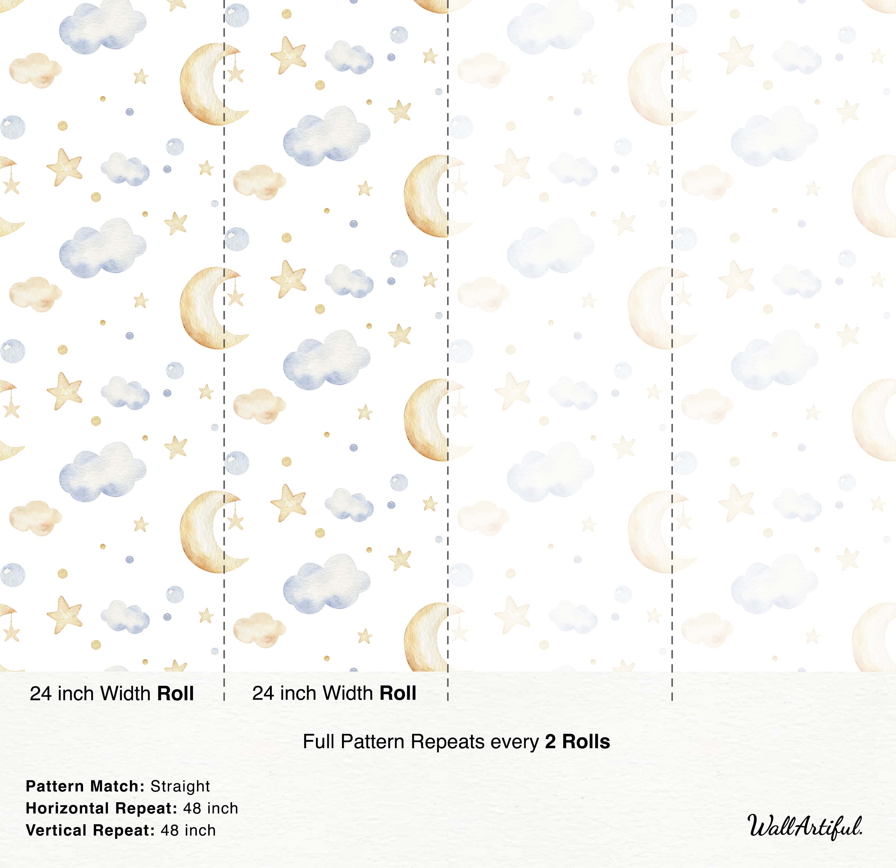 Watercolor wallpaper with a celestial pattern of soft yellow crescent moons, stars, and light blue clouds on a white background.