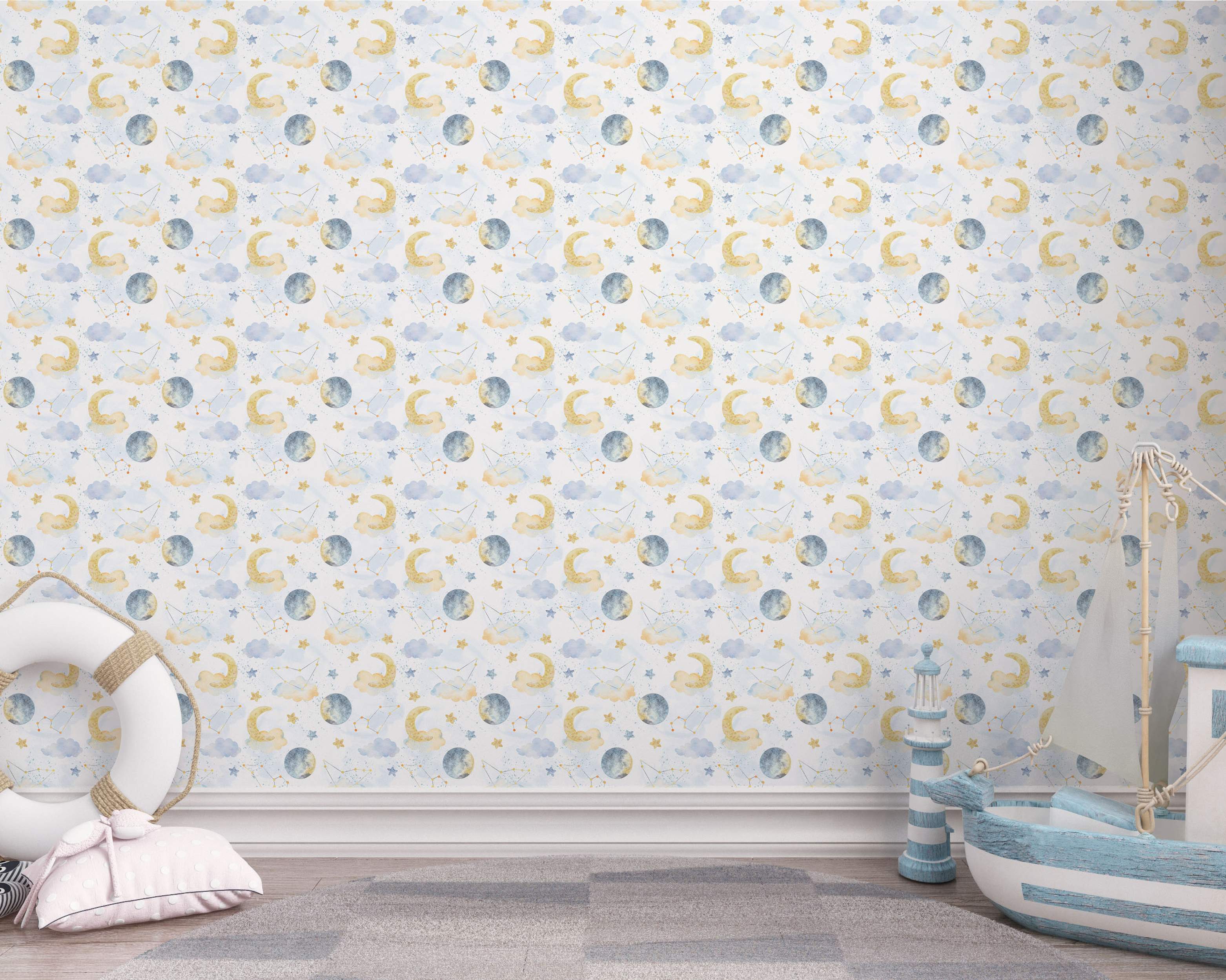 Watercolor wallpaper with a repeating pattern of yellow crescent moons, gray full moons, blue clouds, stars, and constellations.