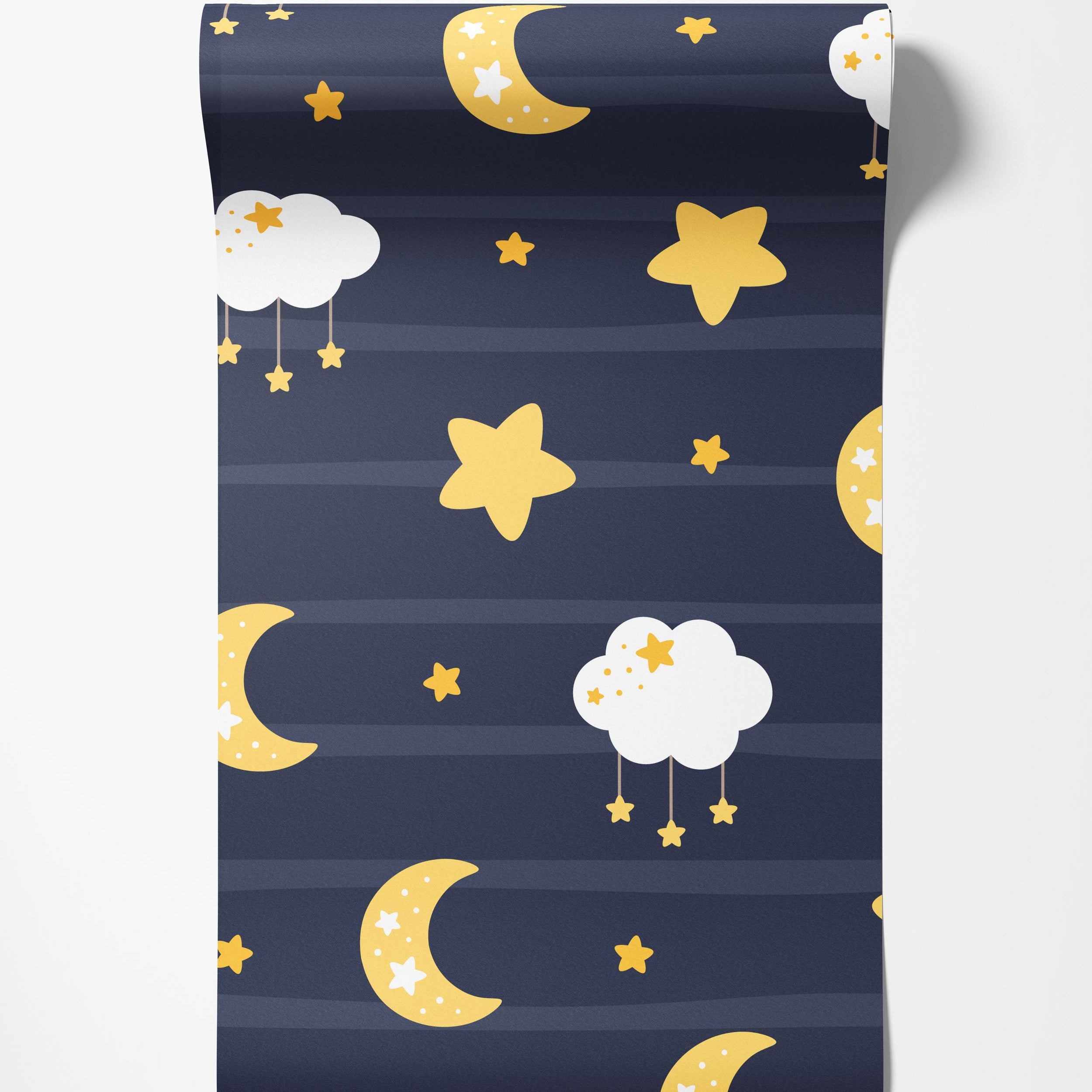 Dark blue wallpaper with a celestial pattern of yellow moons, stars, and white clouds with dangling stars on a striped background.