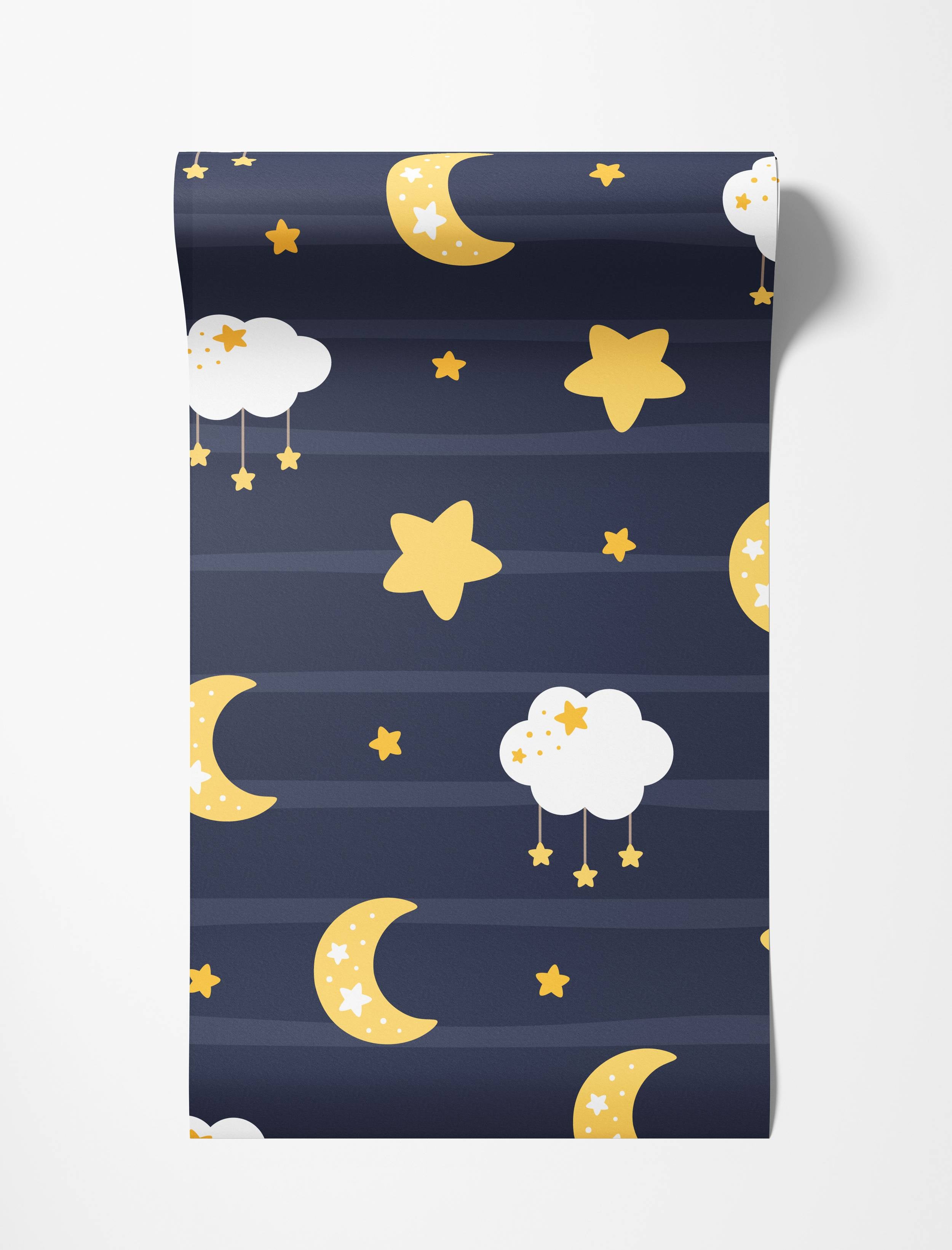 Dark blue wallpaper with a celestial pattern of yellow moons, stars, and white clouds with dangling stars on a striped background.
