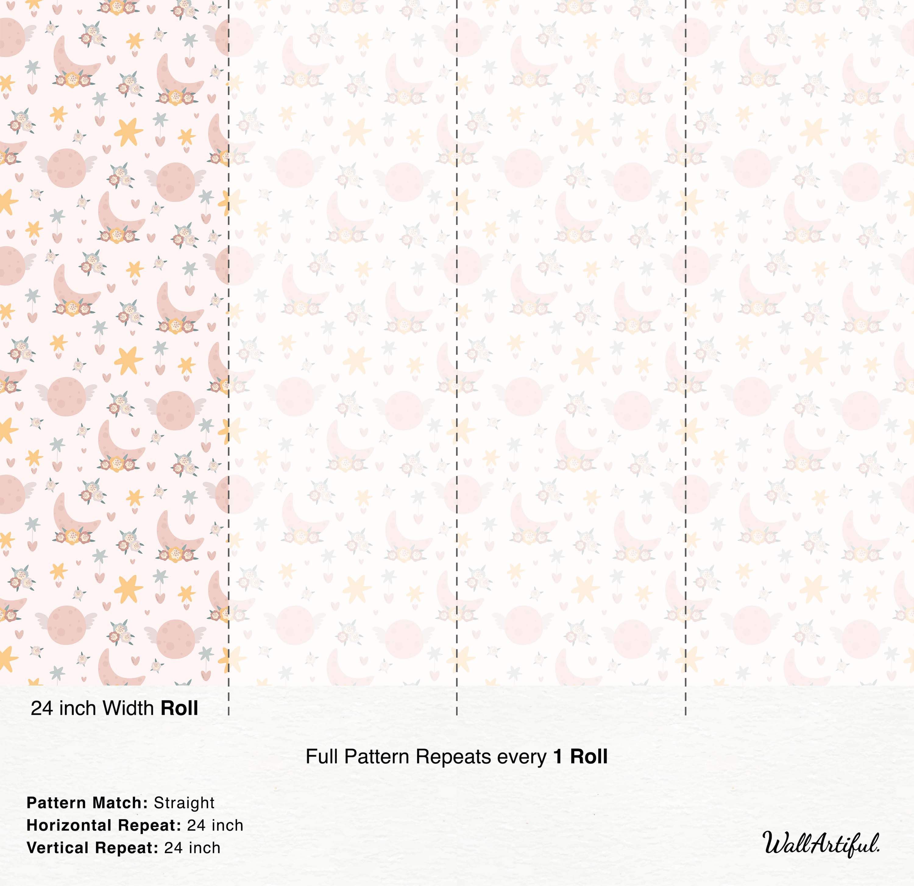 Celestial wallpaper with pink floral crescent moons, winged planets, yellow and blue stars, and hearts on a pale background.