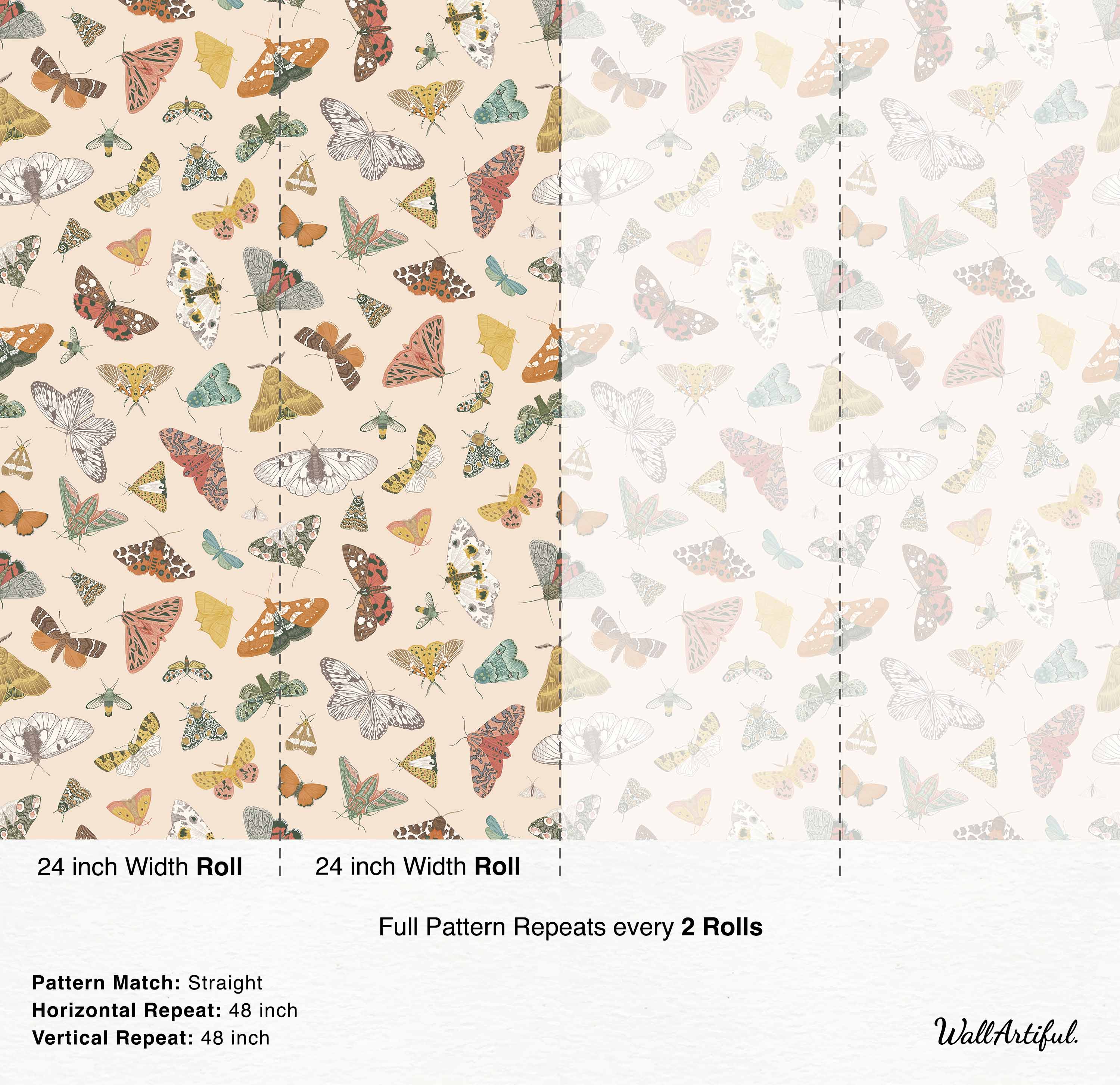 Multicolored moth and butterfly pattern wallpaper.