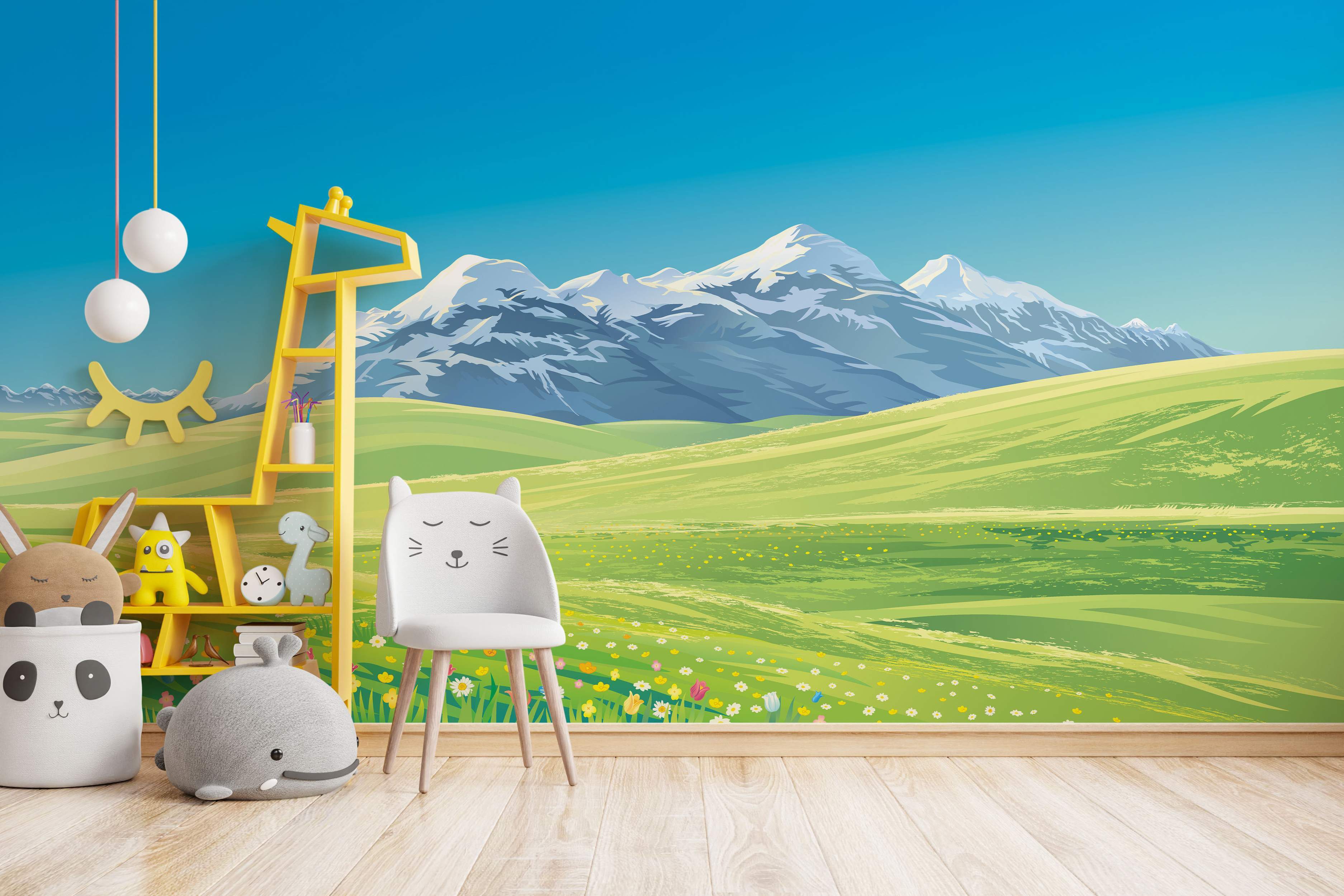 Illustrative landscape mural featuring rolling green hills, colorful wildflowers, snow-capped mountains, and a blue sky.