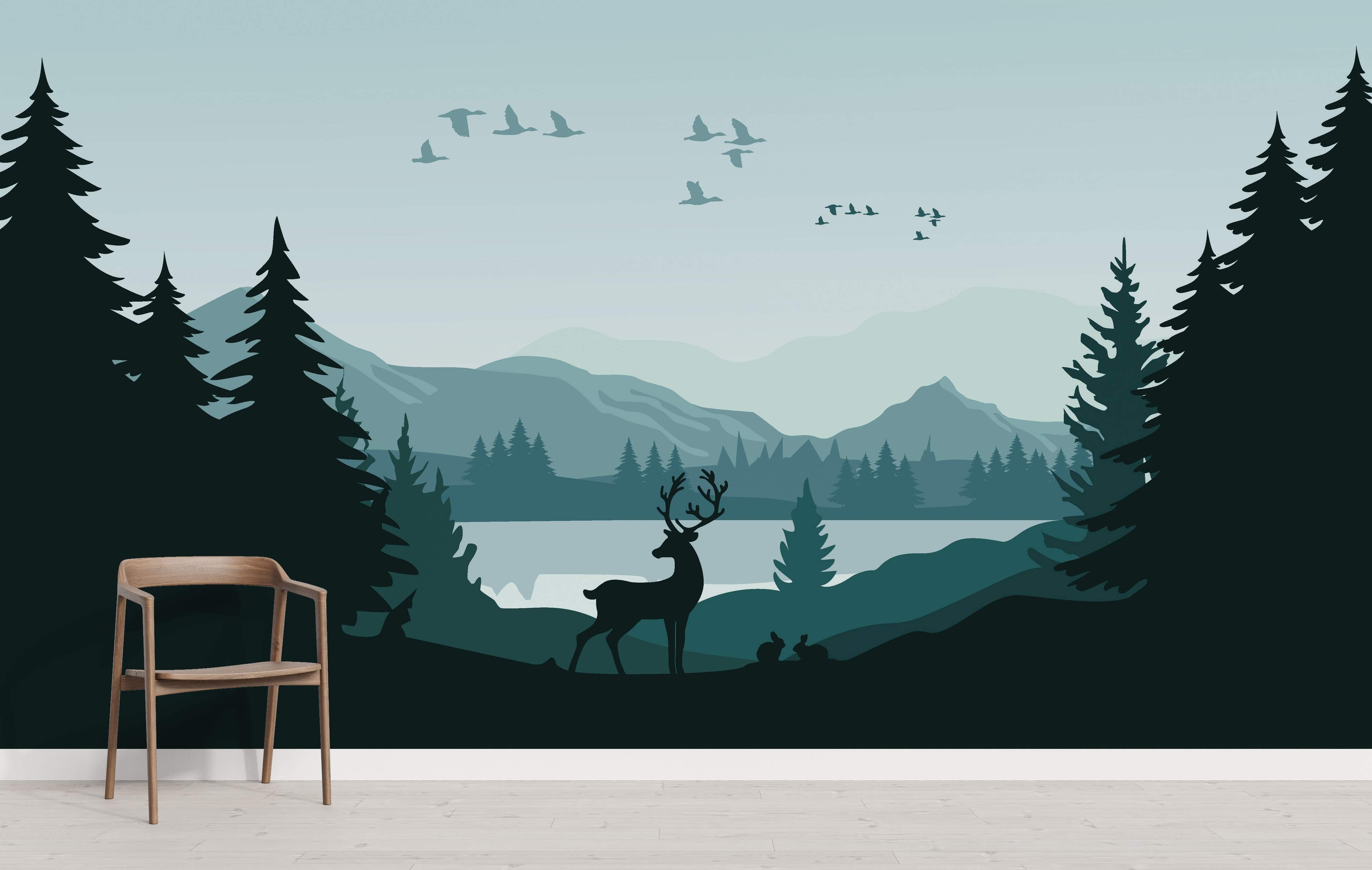 Serene landscape mural with layered silhouettes of mountains, a lake, pine trees, a deer, rabbits, and birds in muted blue-green tones.