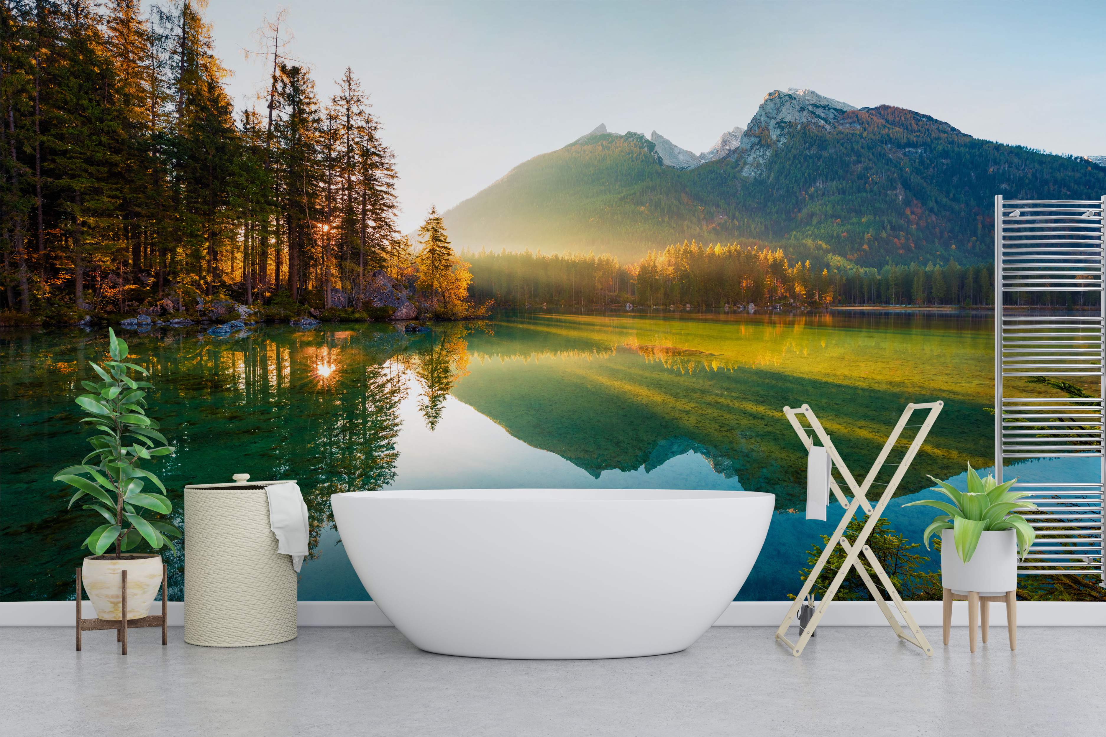 Mural depicting a serene mountain lake at sunrise, featuring green forests, blue water reflections, and golden light.