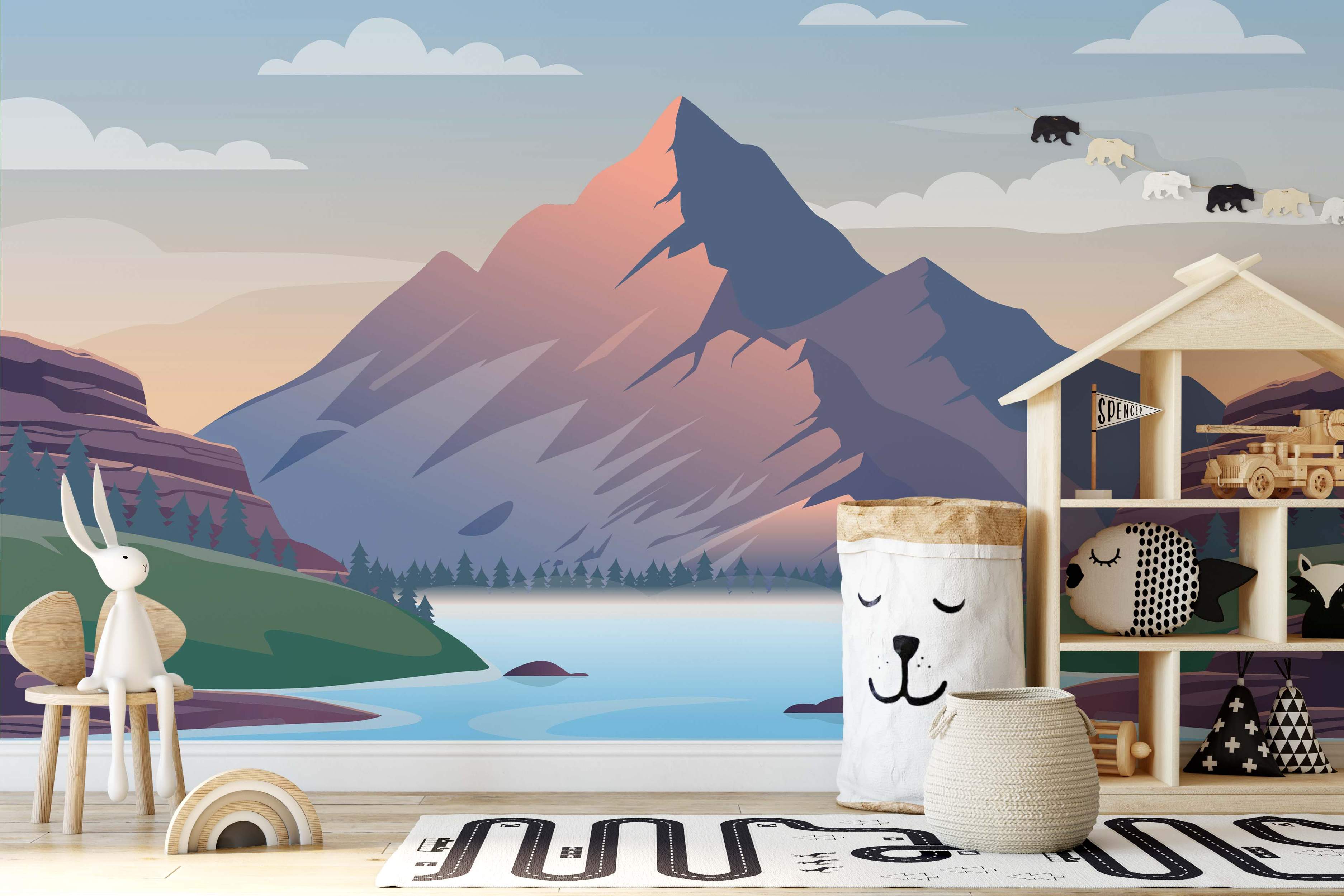 Stylized mountain landscape mural featuring sharp peaks in shades of purple and pink reflecting in a blue lake under a soft sky.