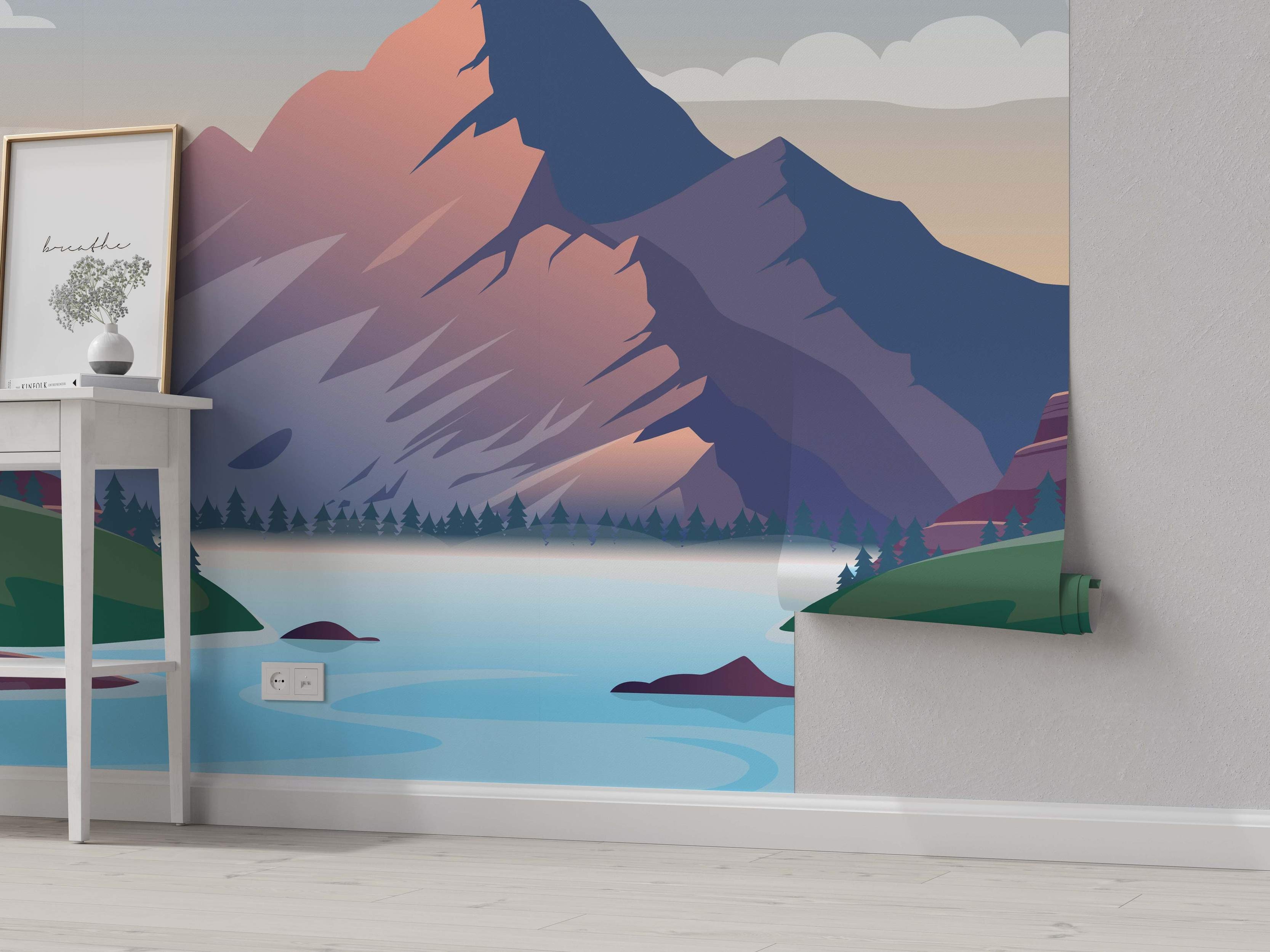 Stylized mountain landscape mural featuring a lake and trees in shades of purple, pink, blue, green, and beige.