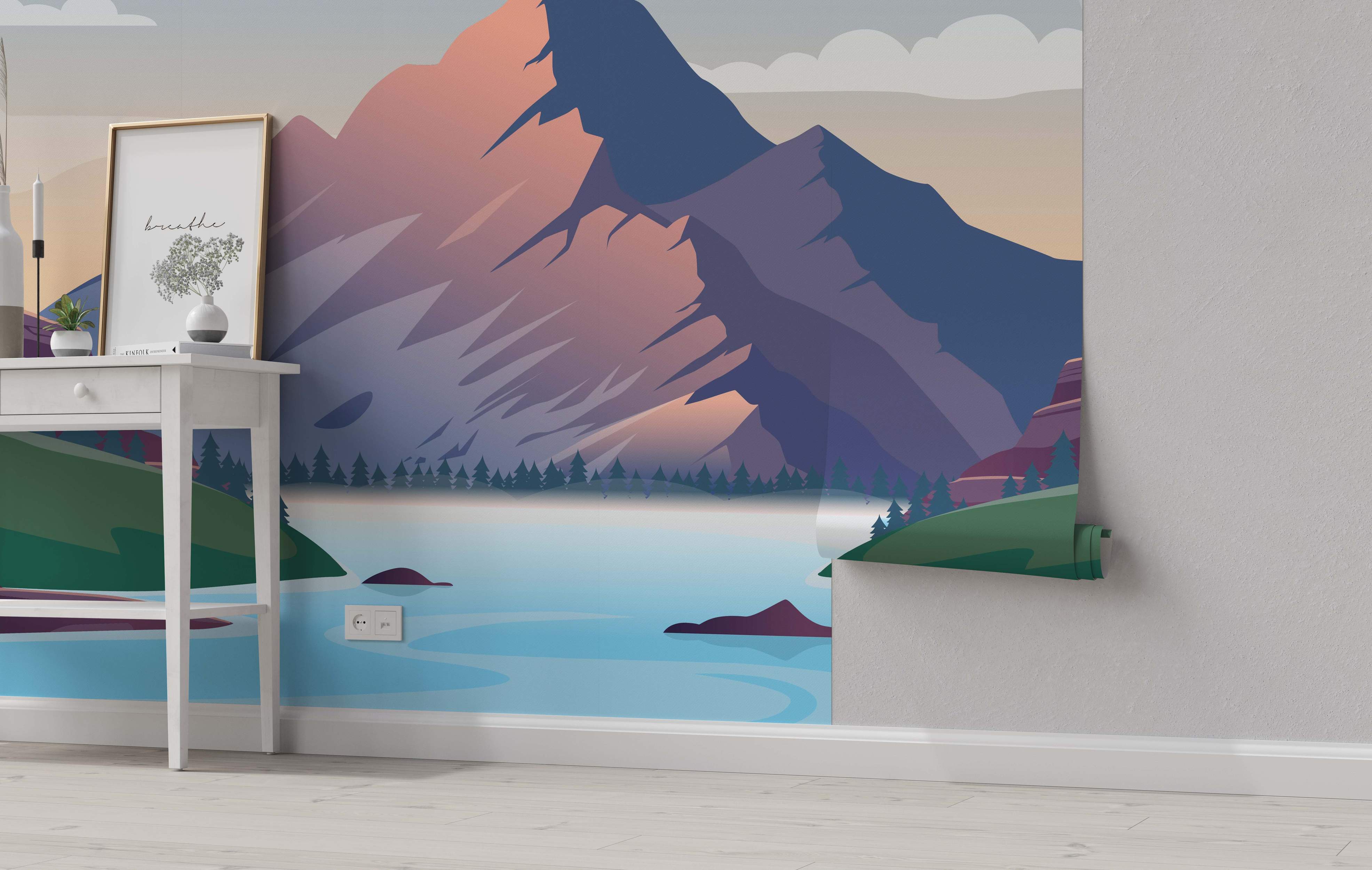 Stylized mountain landscape mural featuring a lake and trees in shades of purple, pink, blue, green, and beige.