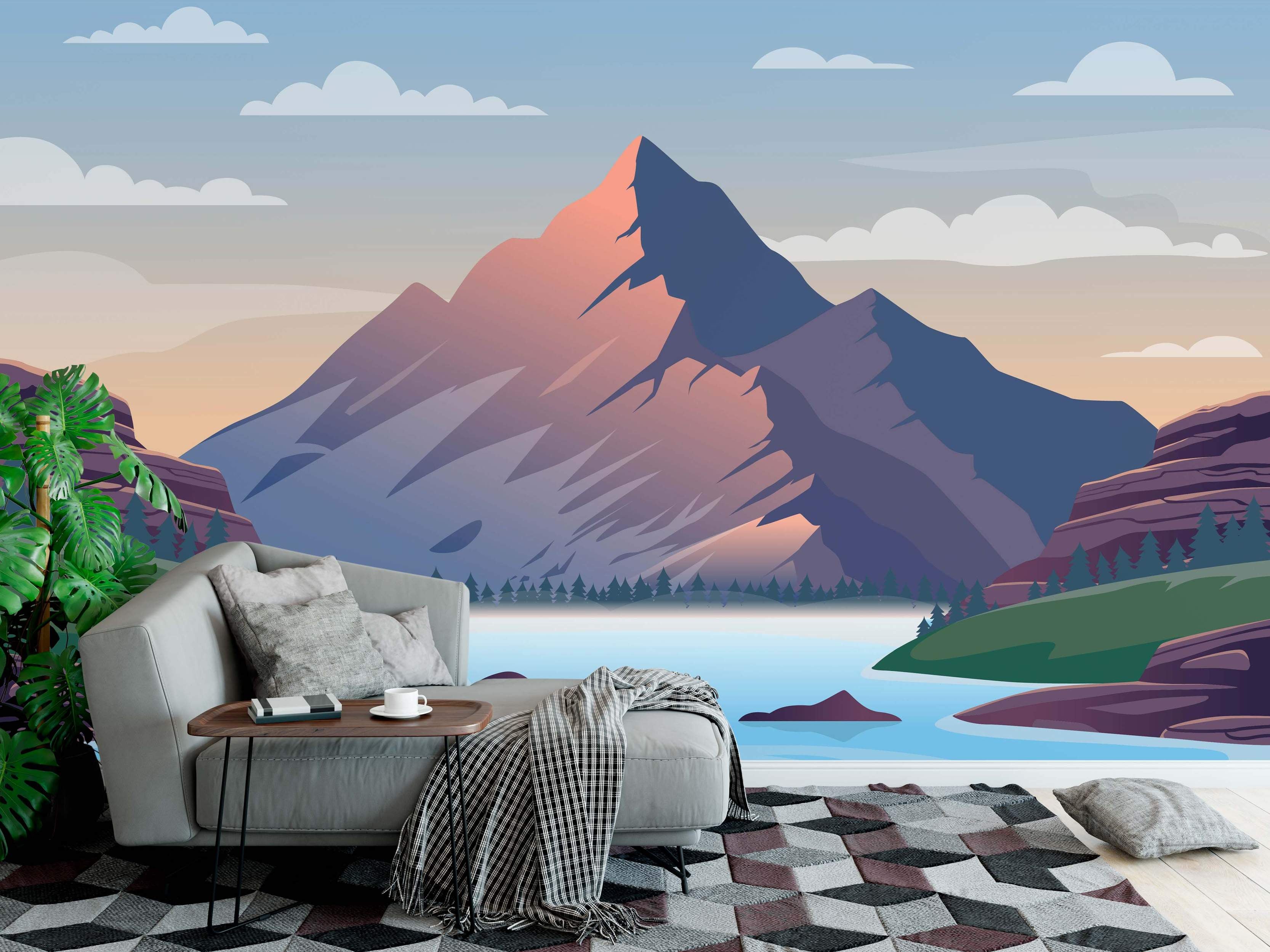 Stylized mural depicting a purple and pink mountain range towering over a blue lake and forest under a soft sky.