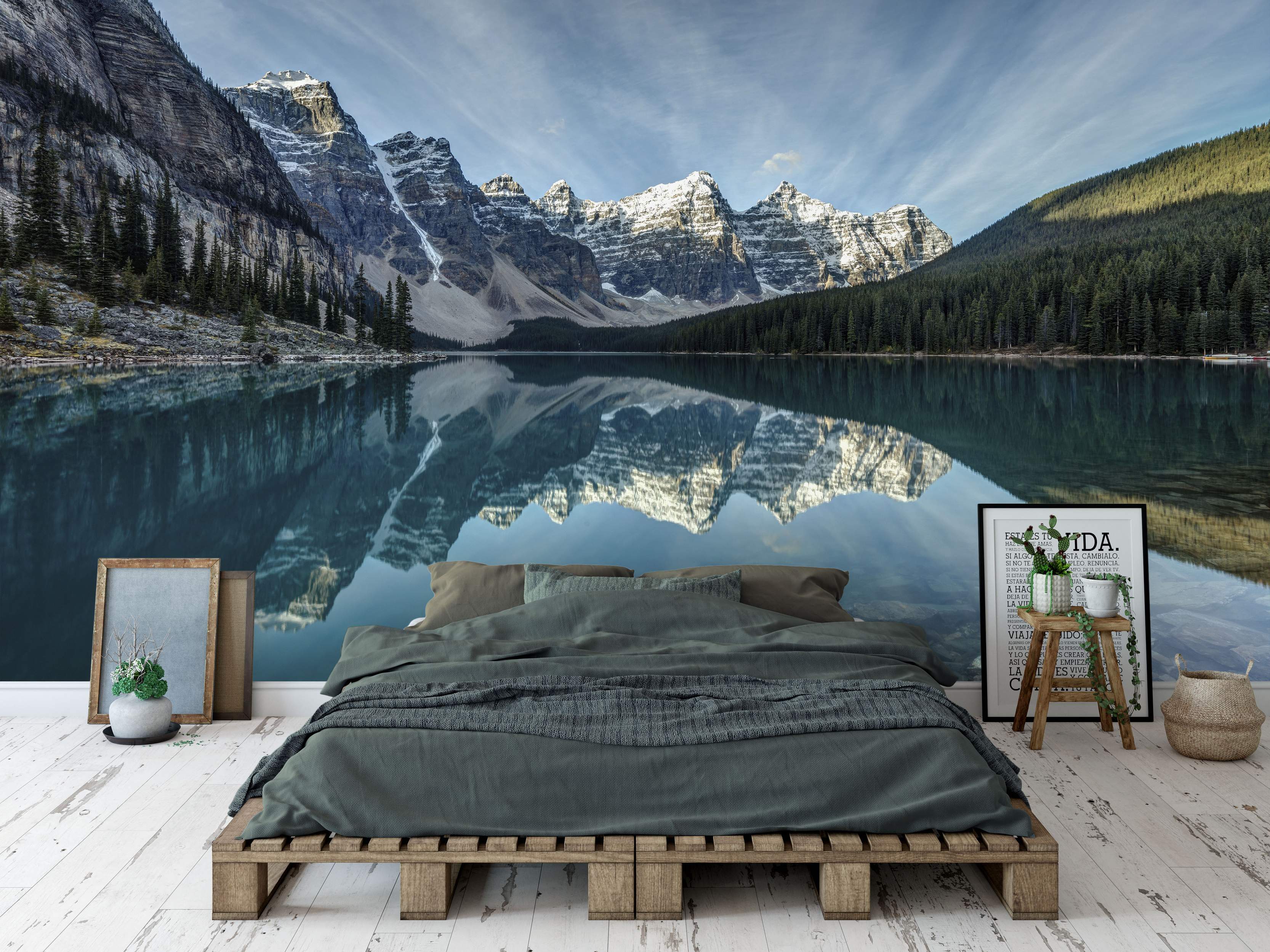 Realistic photo mural of snow-capped mountains reflecting in a clear blue lake, with green pine forests.