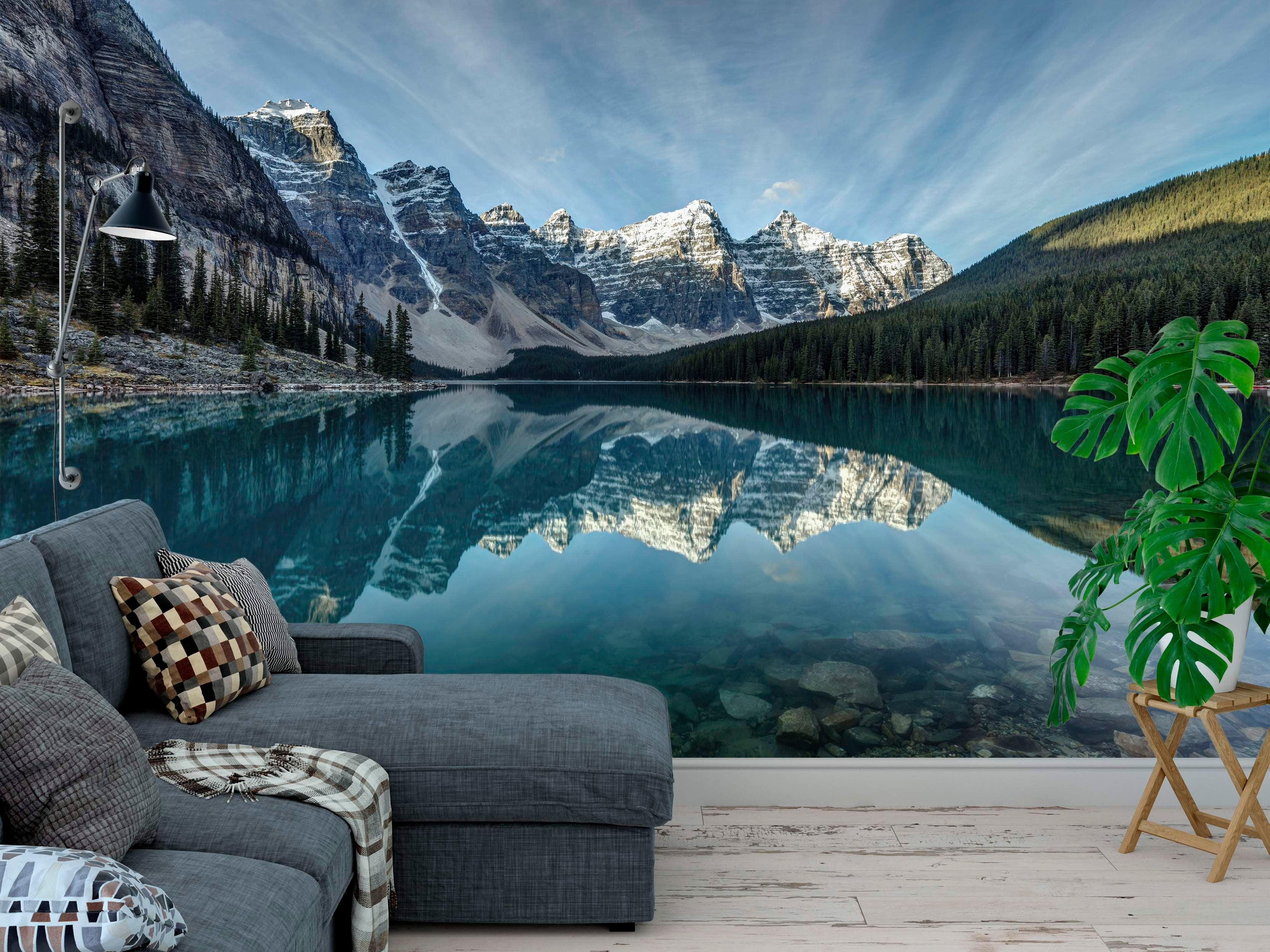 Photographic mural of snow-capped mountains reflecting perfectly in a calm, clear turquoise lake surrounded by pine forests.