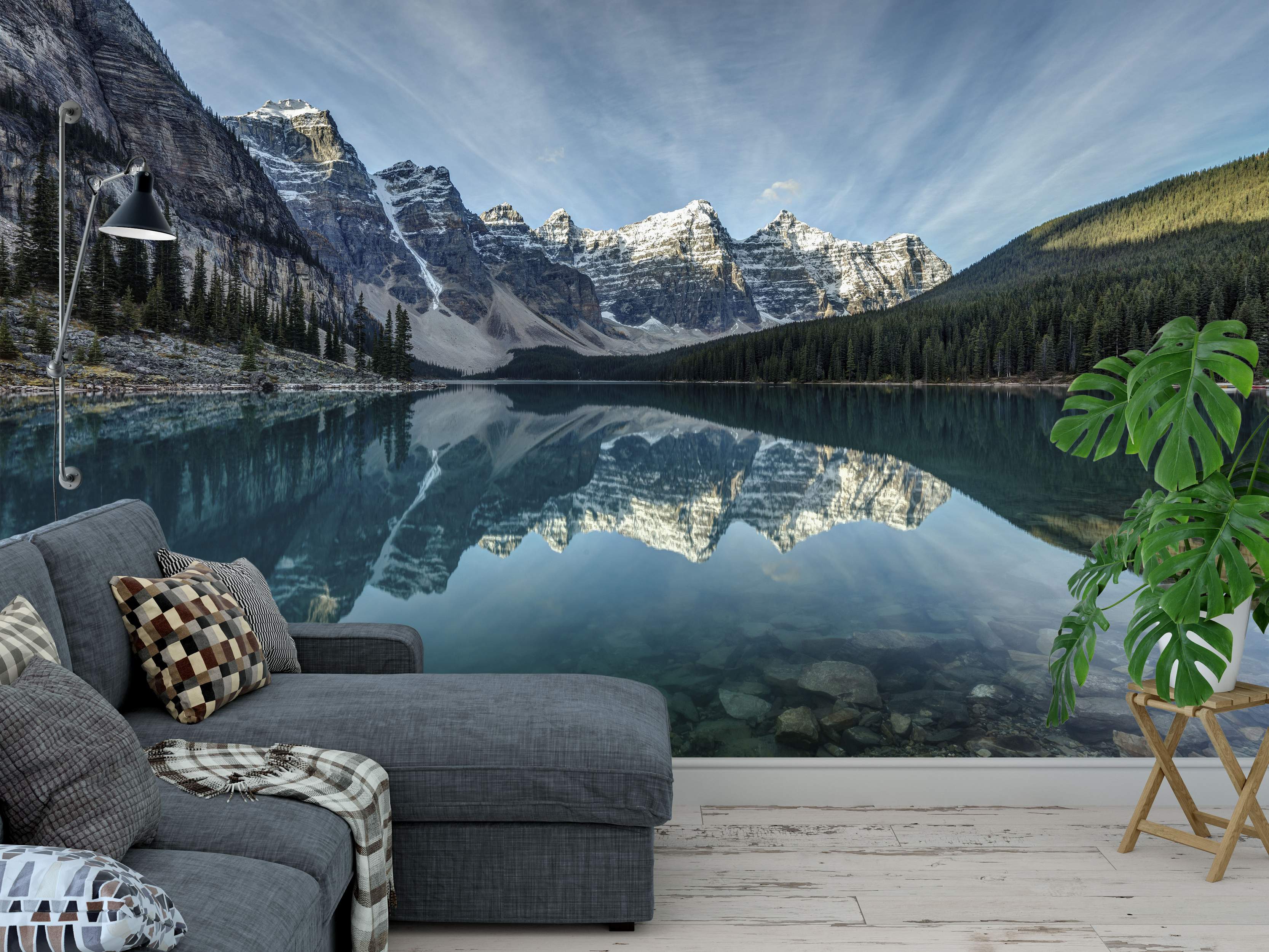 Photographic mural of snow-capped mountains reflecting perfectly in a calm, clear turquoise lake surrounded by pine forests.