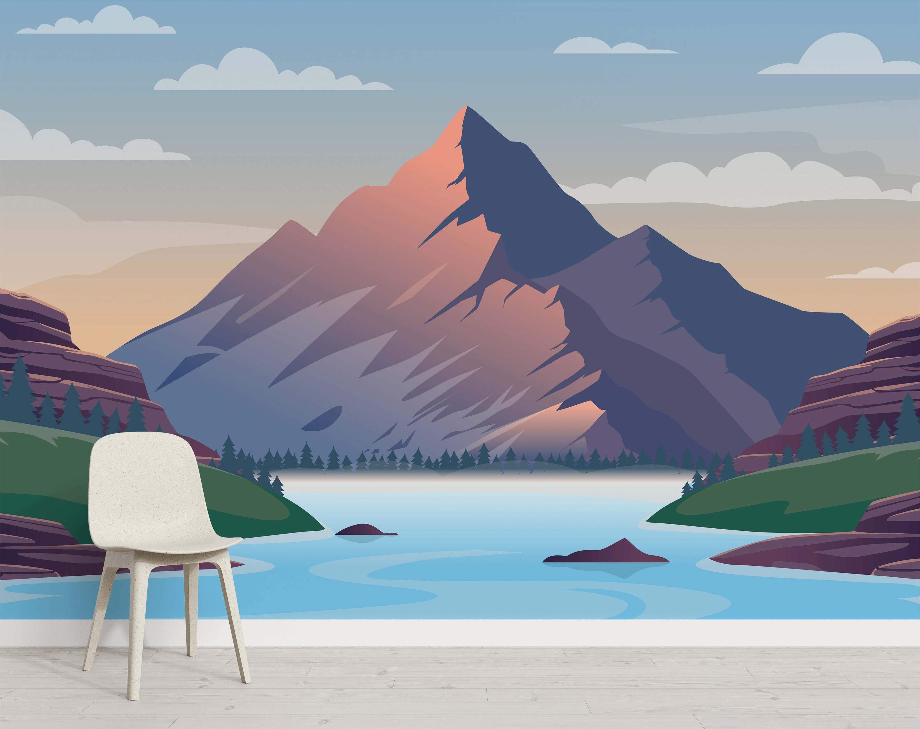 Stylized mountain landscape mural with purple peaks, pink highlights, a blue lake, green hills, and a gradient sky with clouds.