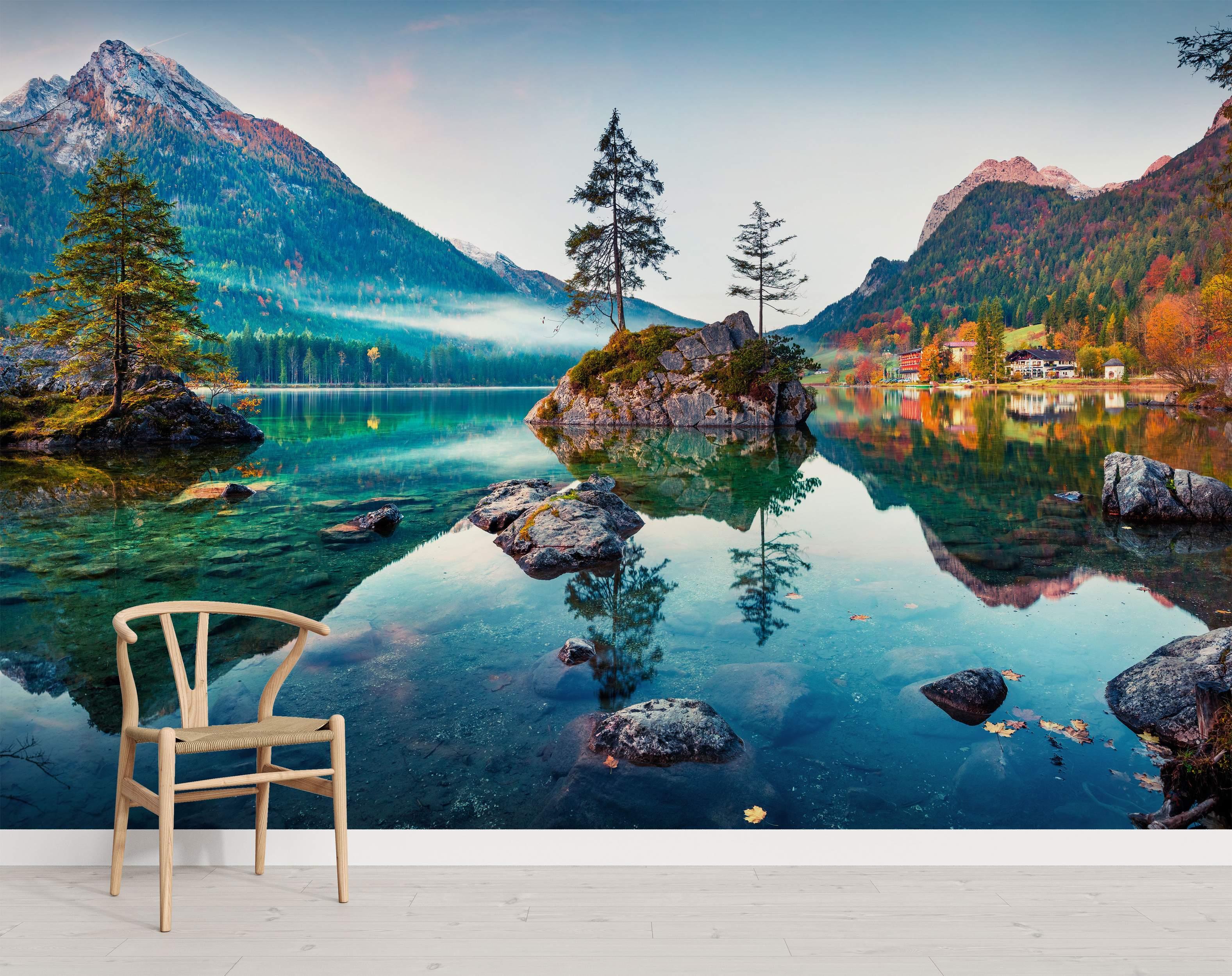 Scenic mountain lake mural with clear turquoise water reflecting trees, rocky shores, and mountains with autumn foliage.