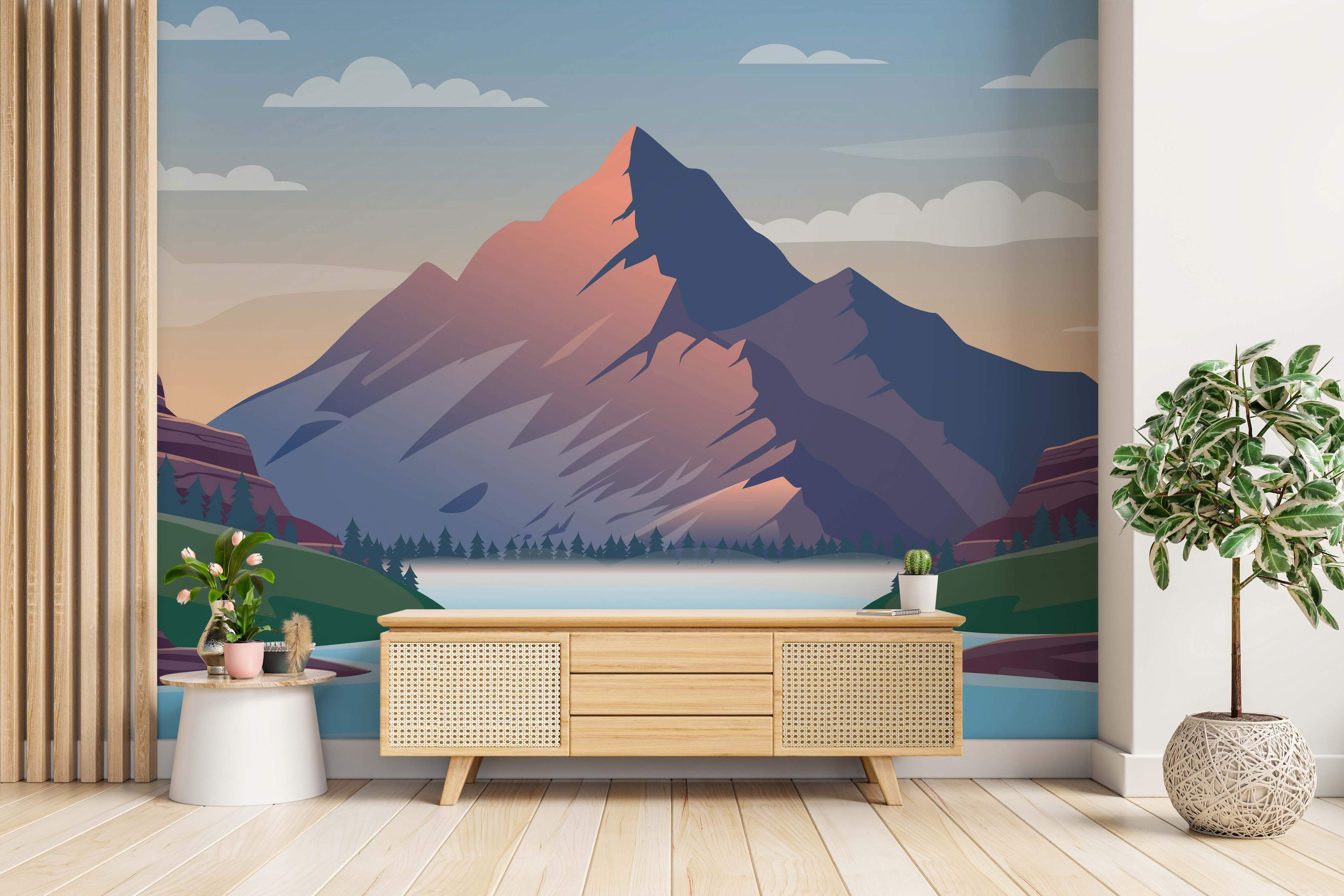 Stylized mountain landscape mural featuring pink and purple peaks over a serene lake and green forest, set against a blue sky.
