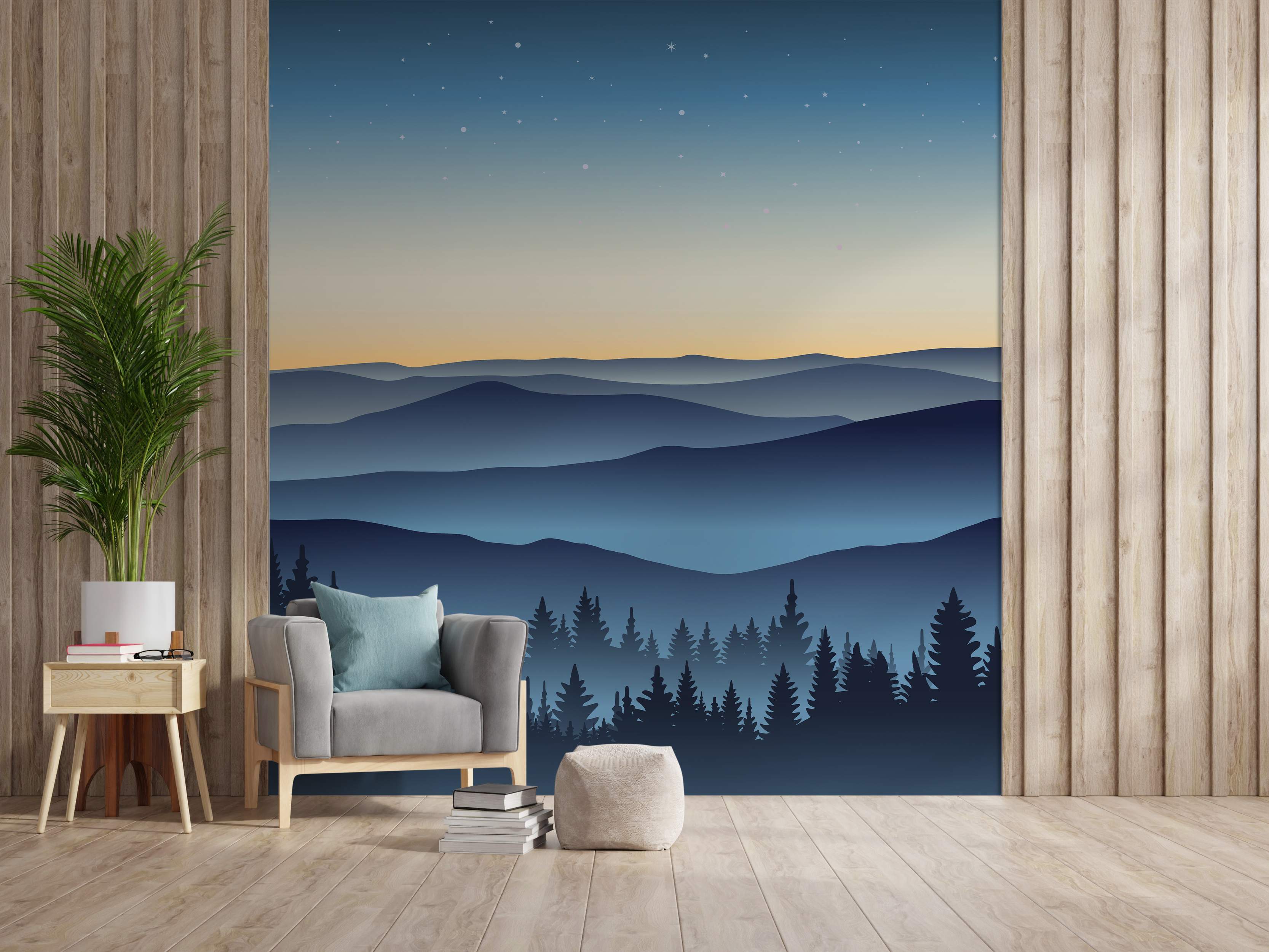 Mural depicting layered blue mountain ranges under a starry gradient sky with a sunset glow, featuring dark pine tree silhouettes.