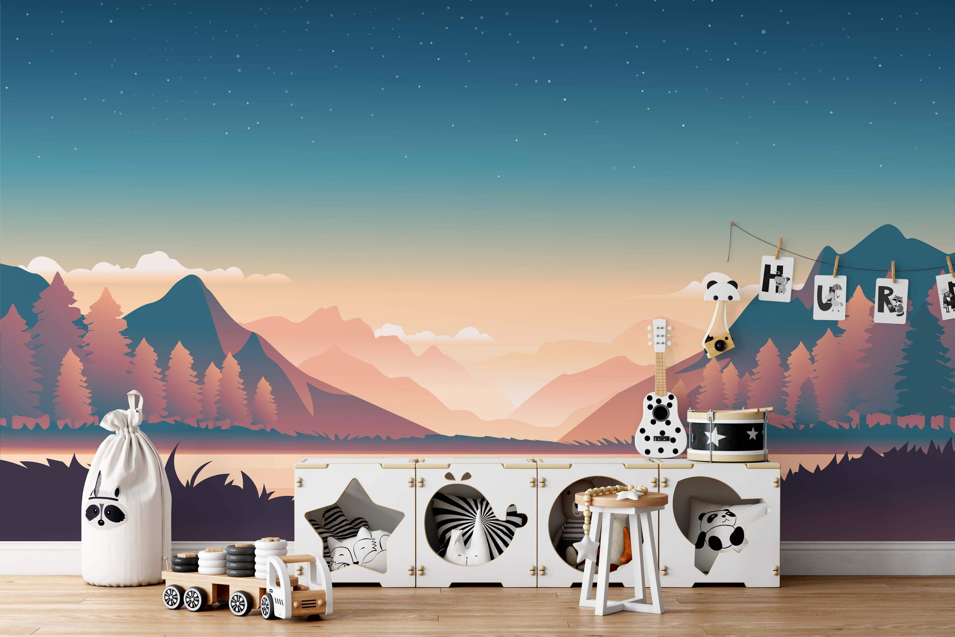Mural depicting a serene mountain landscape with pine trees below a starry sky featuring blue, orange, and pink gradients.