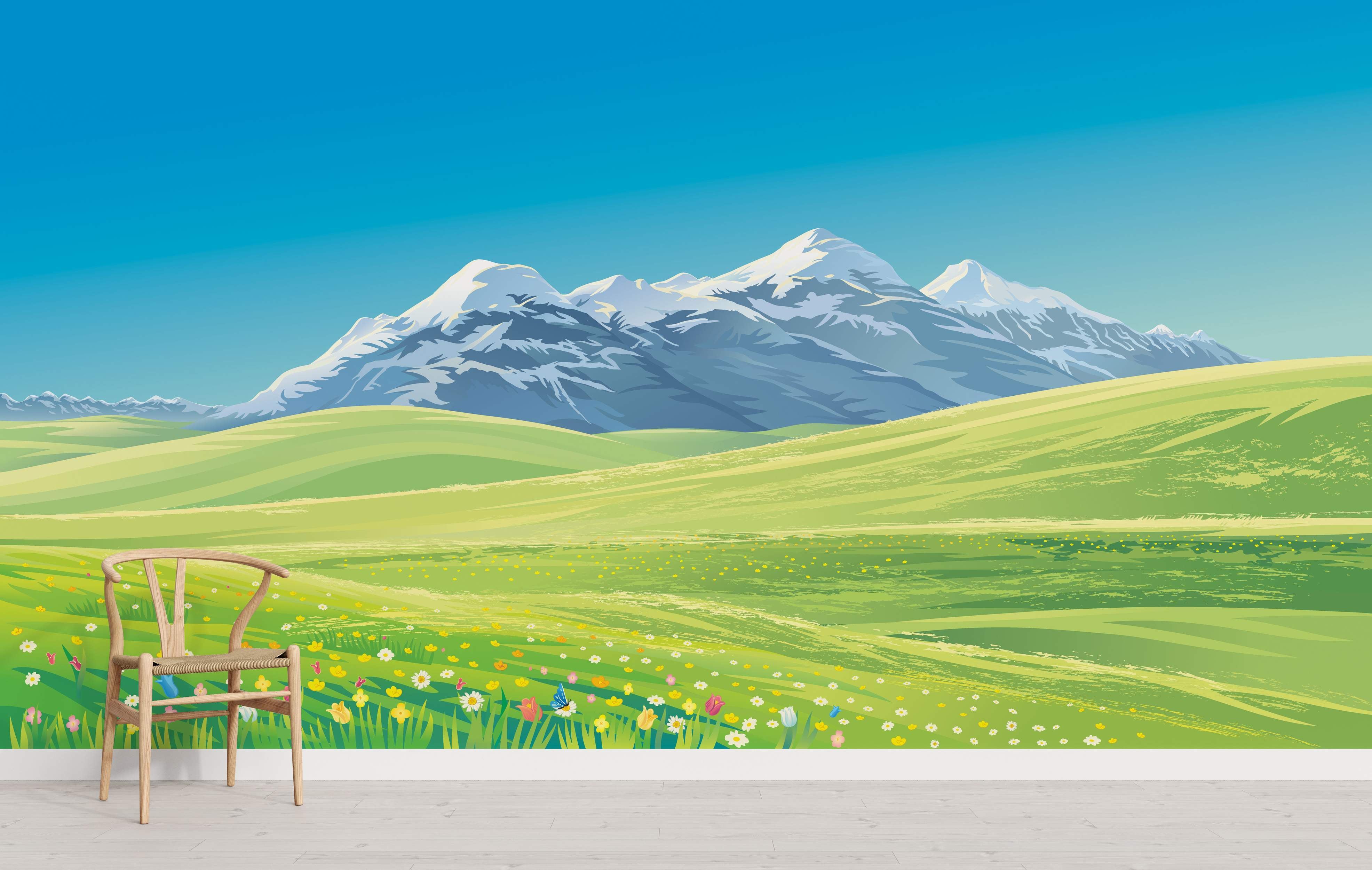 Scenic mountain landscape mural with snow-capped peaks, rolling green hills, and a vibrant wildflower meadow under a clear blue sky.