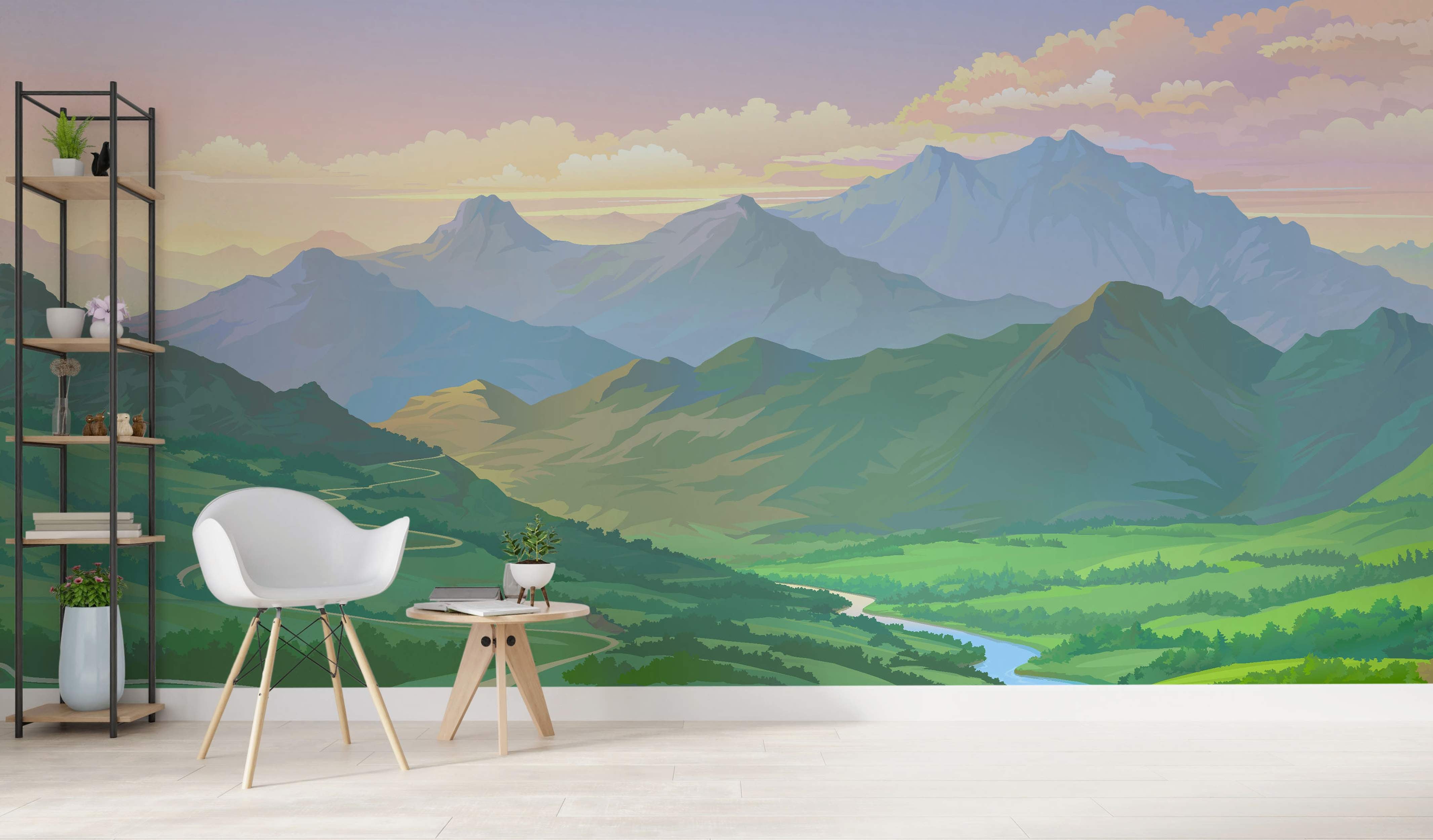Stylized mural depicting a vast mountain landscape with green rolling hills, a winding river, distant blue peaks, and a pastel sunset sky.