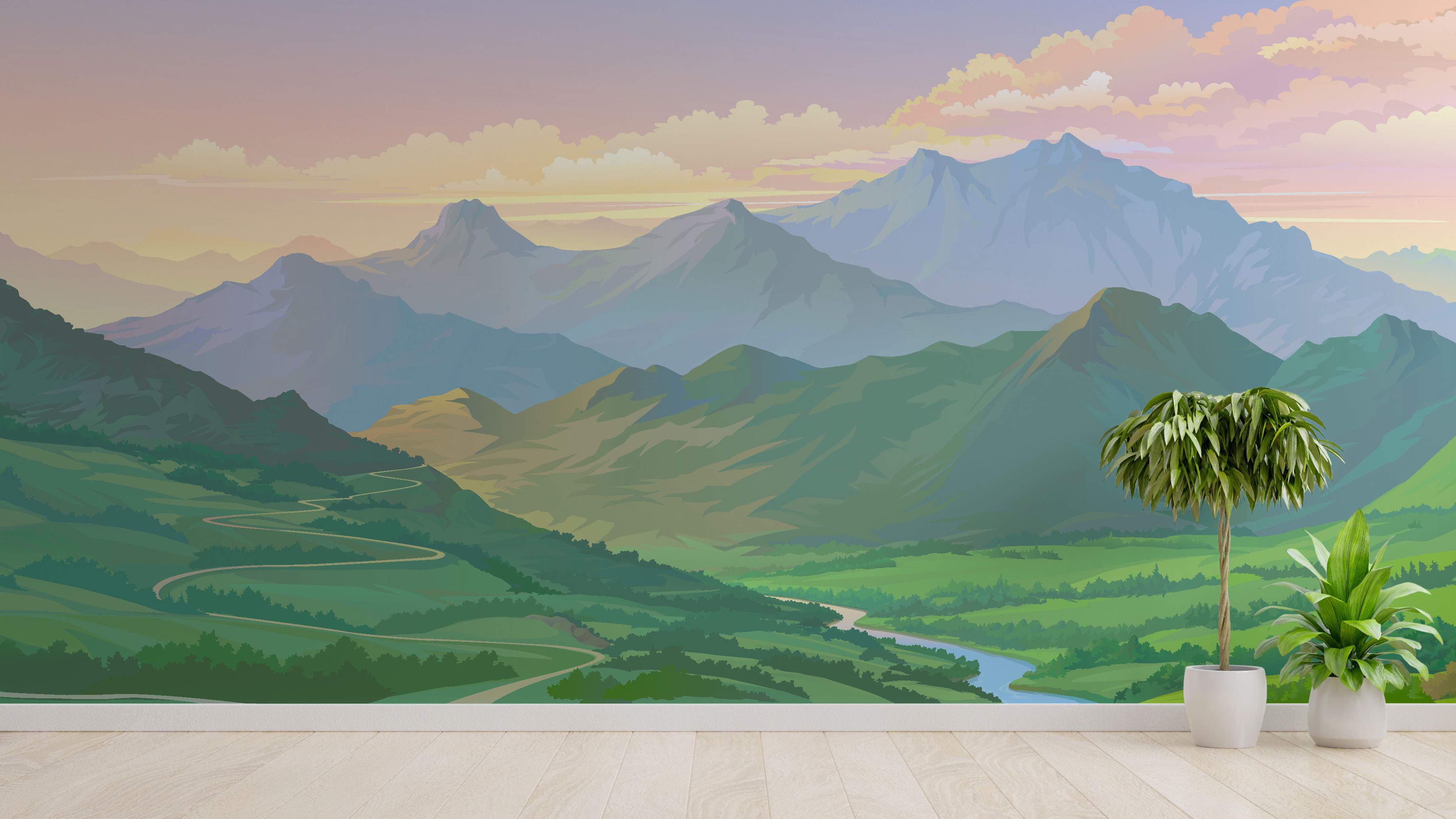 Stylized landscape mural featuring layered mountains in blues and purples, green valleys, a winding road, and a soft sunset sky.
