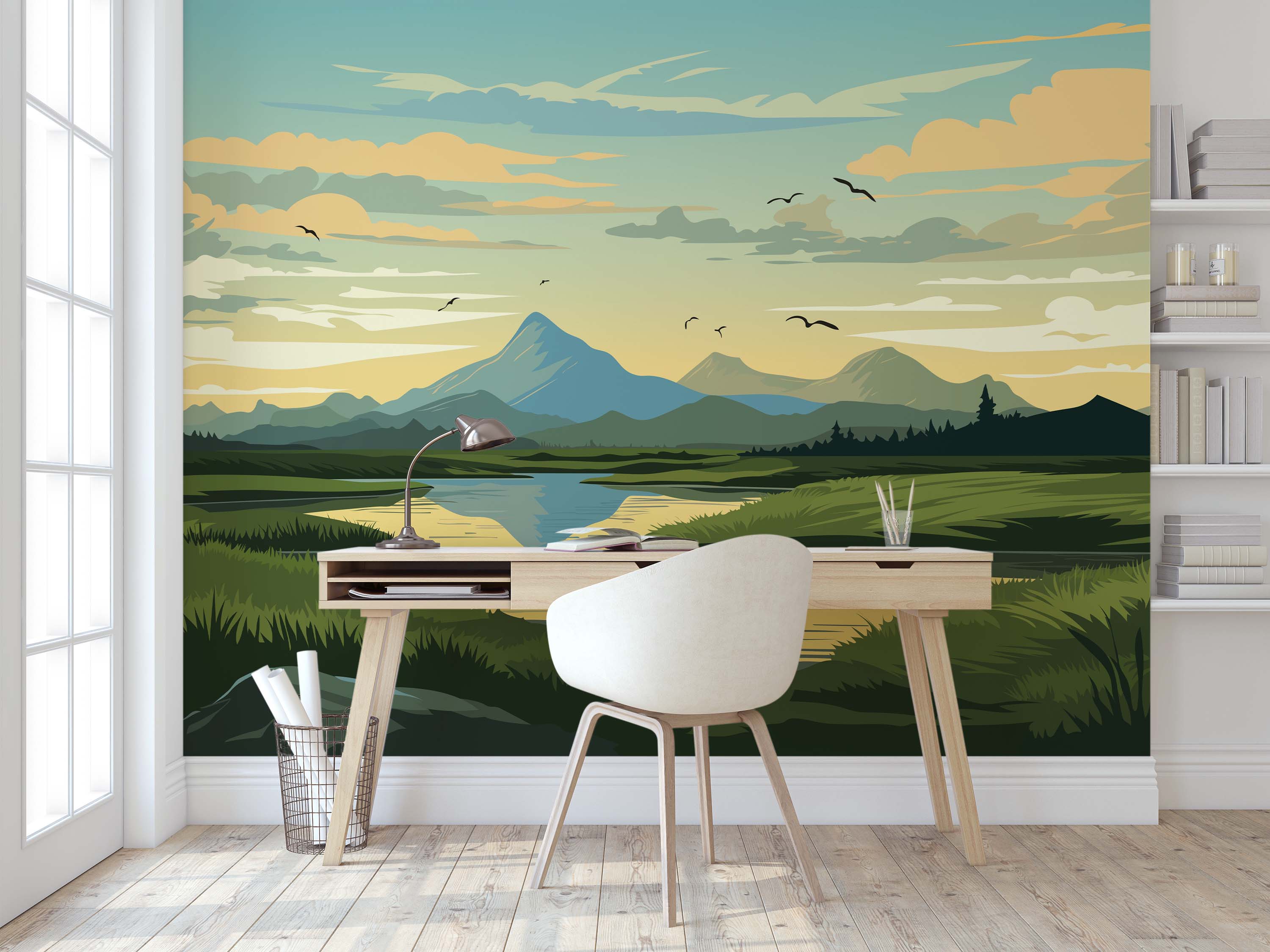 A stylized landscape mural featuring blue mountains, a reflective lake, and green fields under a soft yellow and blue sky.