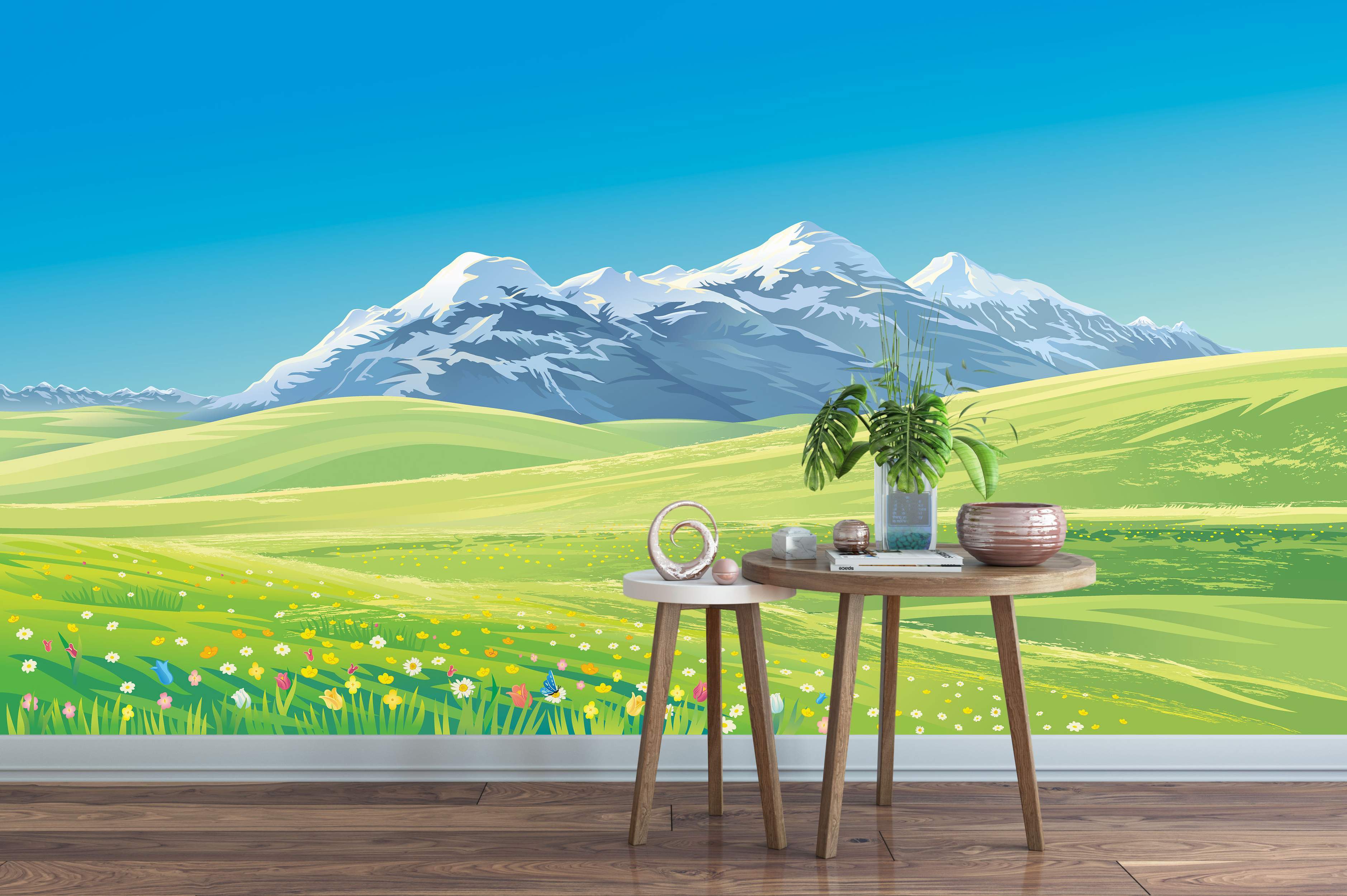 Mural featuring an illustrated landscape with snow-capped mountains, green hills, and a colorful flower meadow.