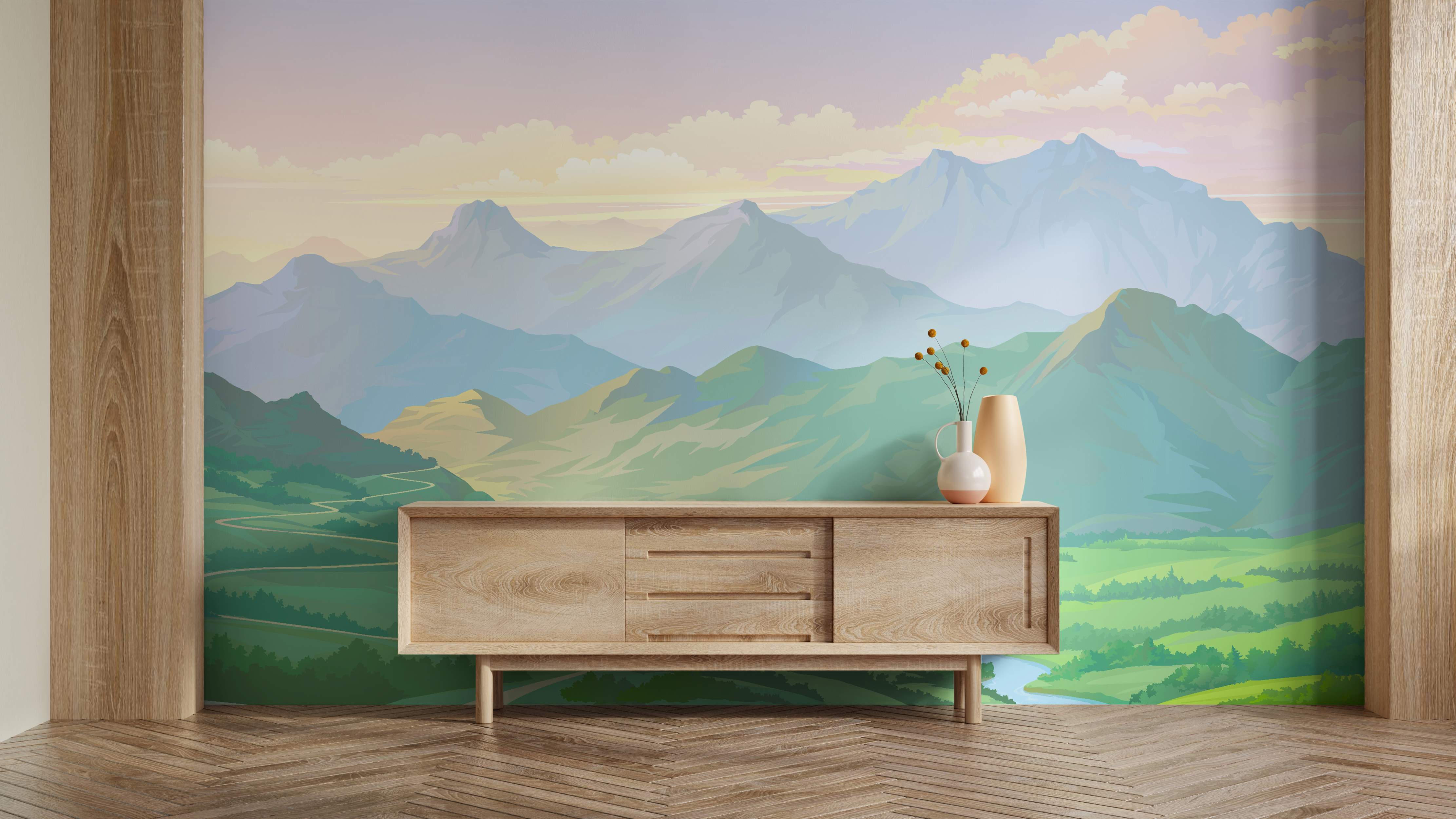 Mural depicting a serene mountain landscape with rolling green hills, distant blue peaks, and a soft pastel sky.