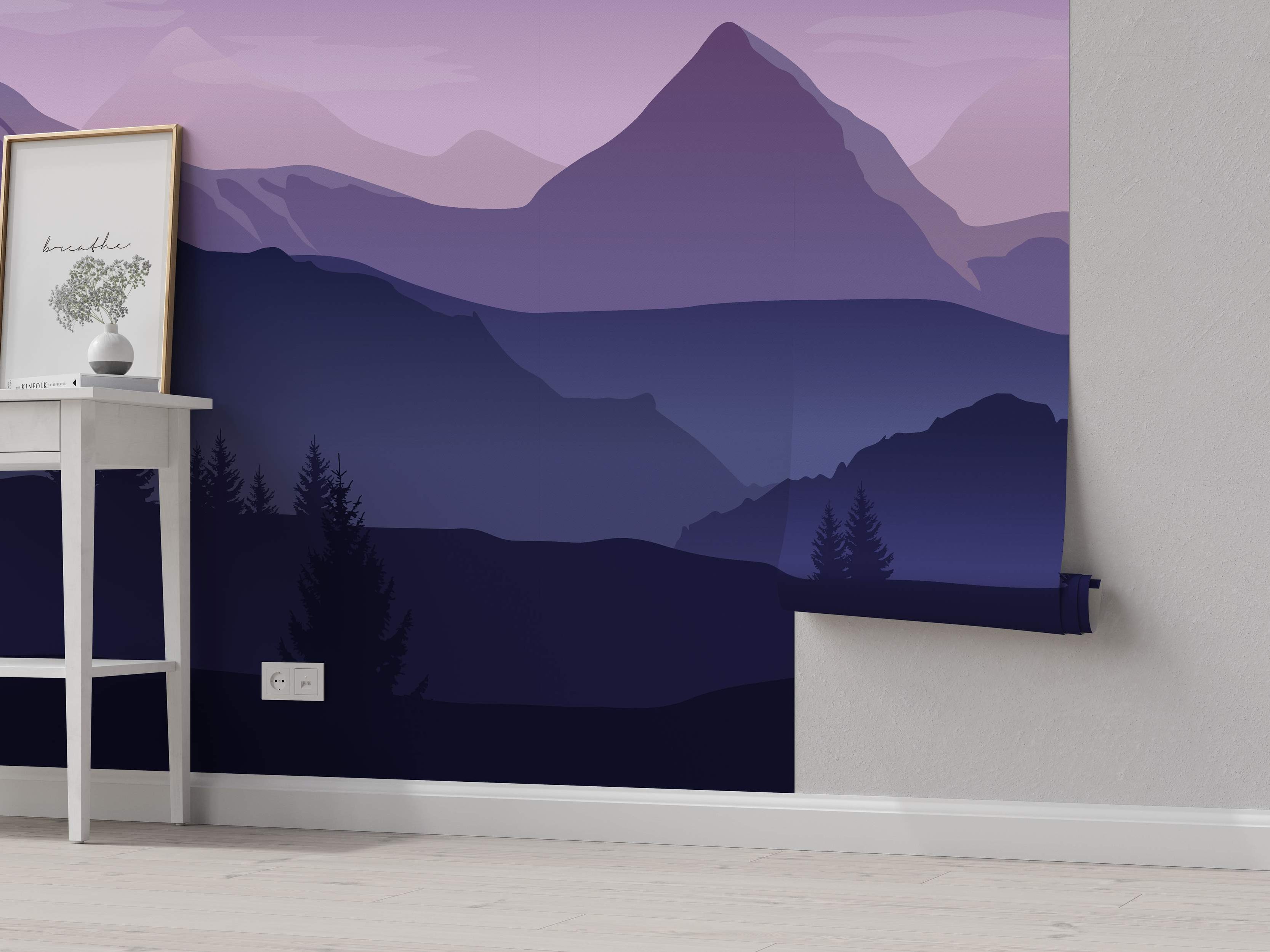 Purple and blue mountain landscape mural with gradient layers