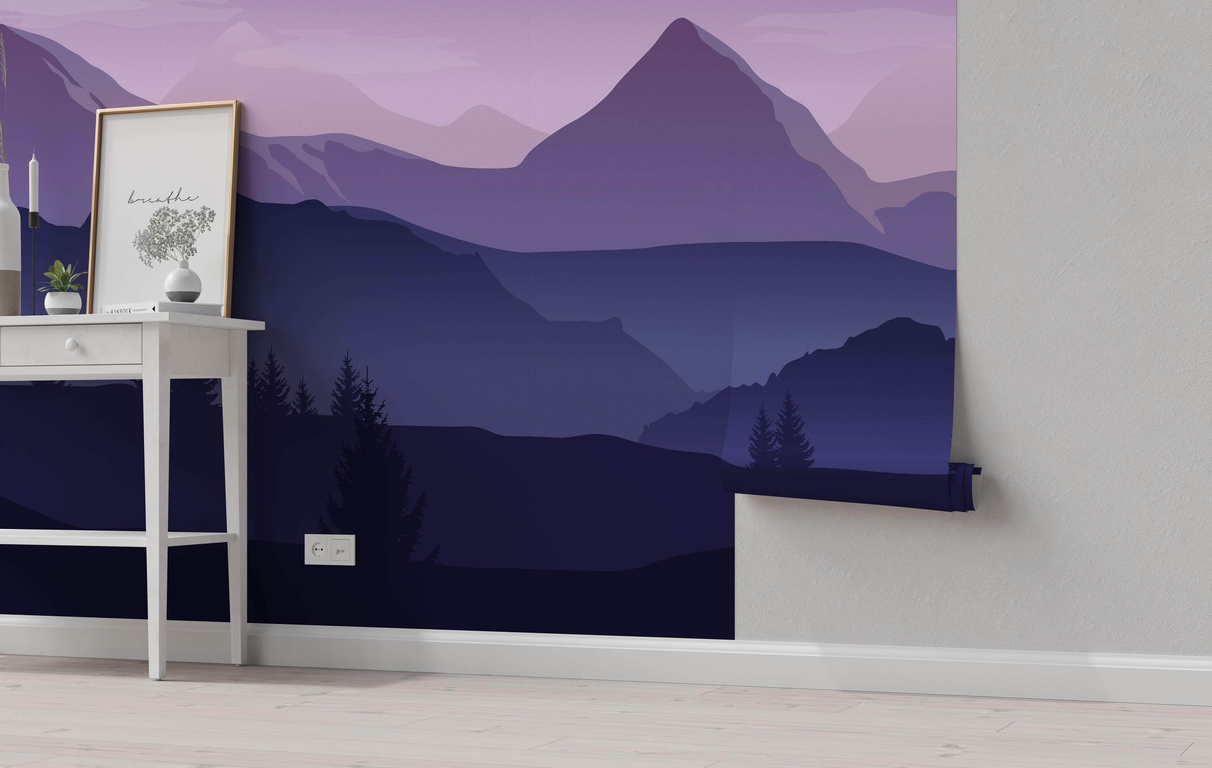 Purple and blue mountain landscape mural with gradient layers