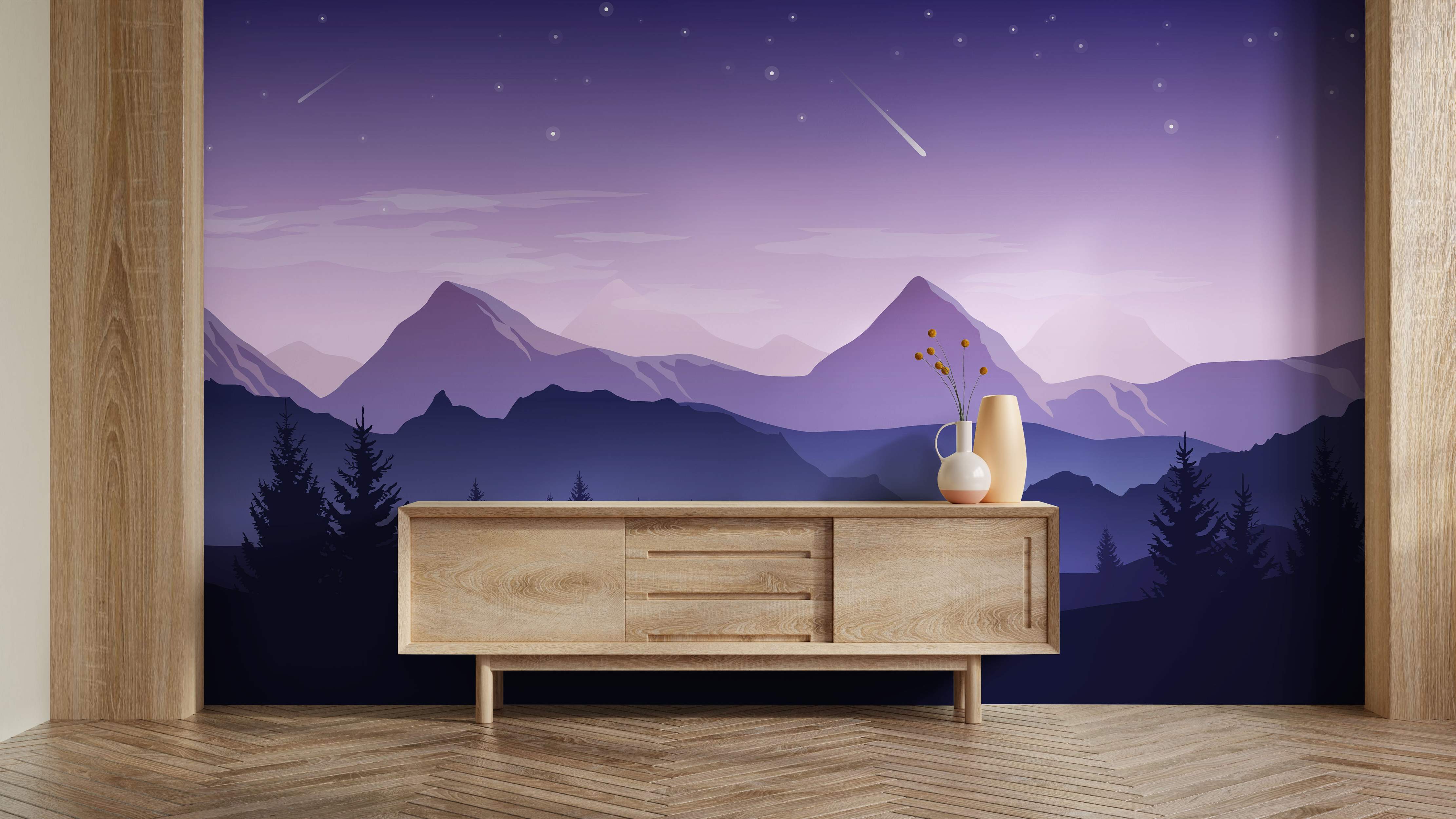 Purple mountain landscape mural with starry night sky
