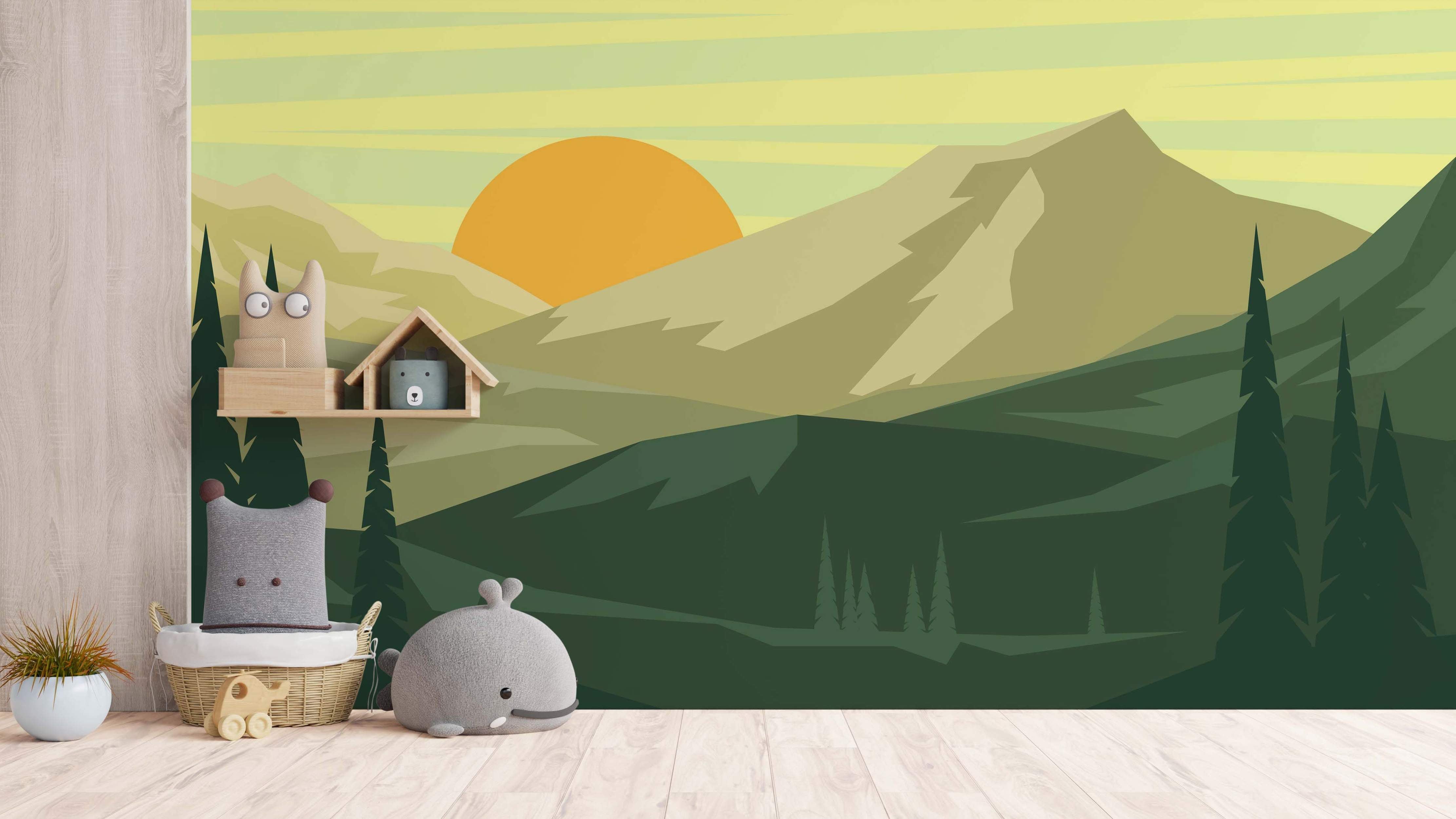 Geometric mountain landscape mural featuring pine trees and a setting sun in shades of green, yellow, and beige.